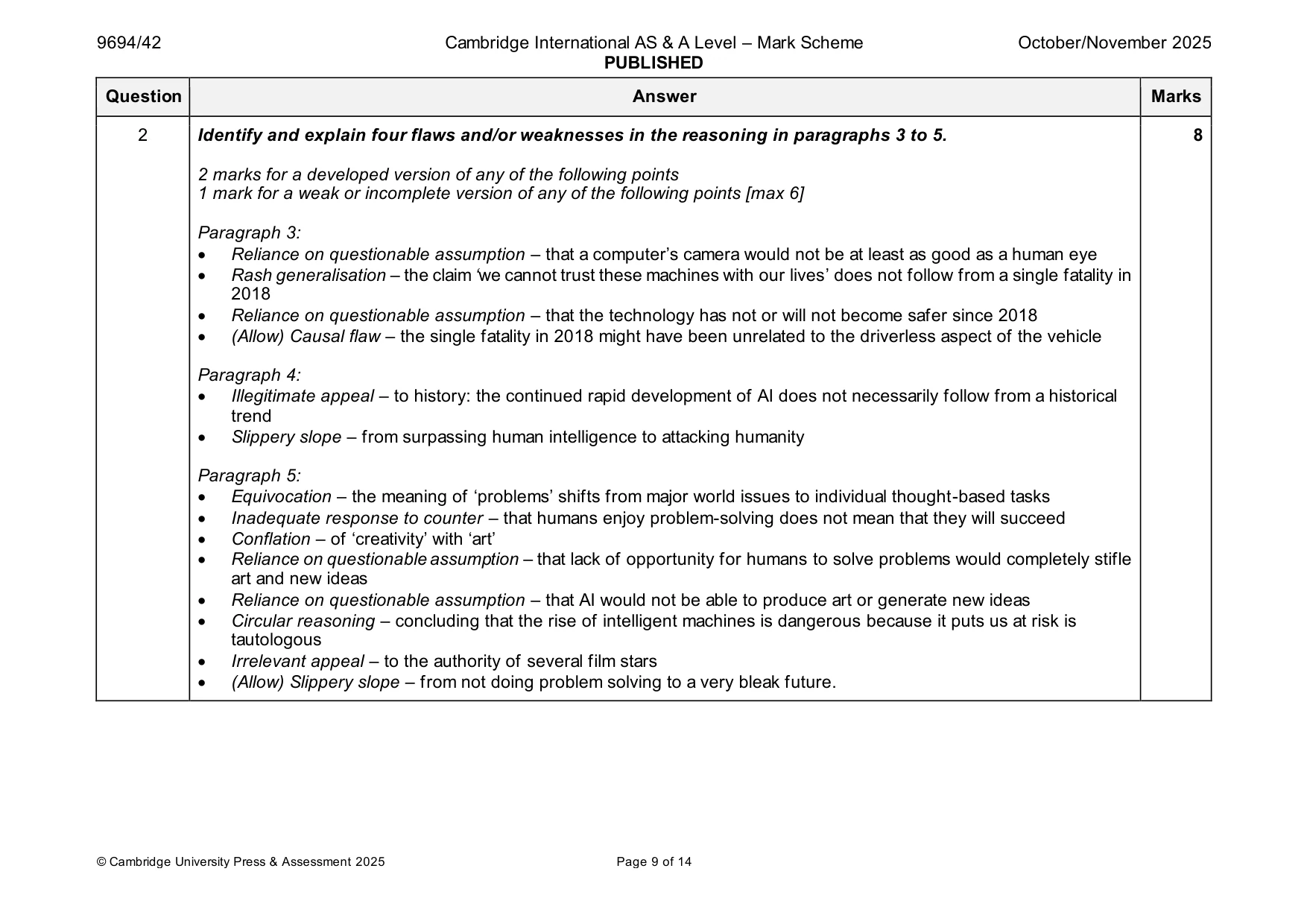 Mark scheme, page 9 of 14