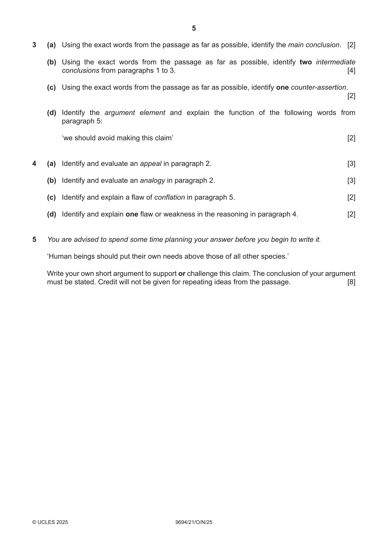 Cambridge A Level Thinking Skills 9694 2025 Oct/Nov Paper 2 · Variant 1 question paper, page 5 of 8