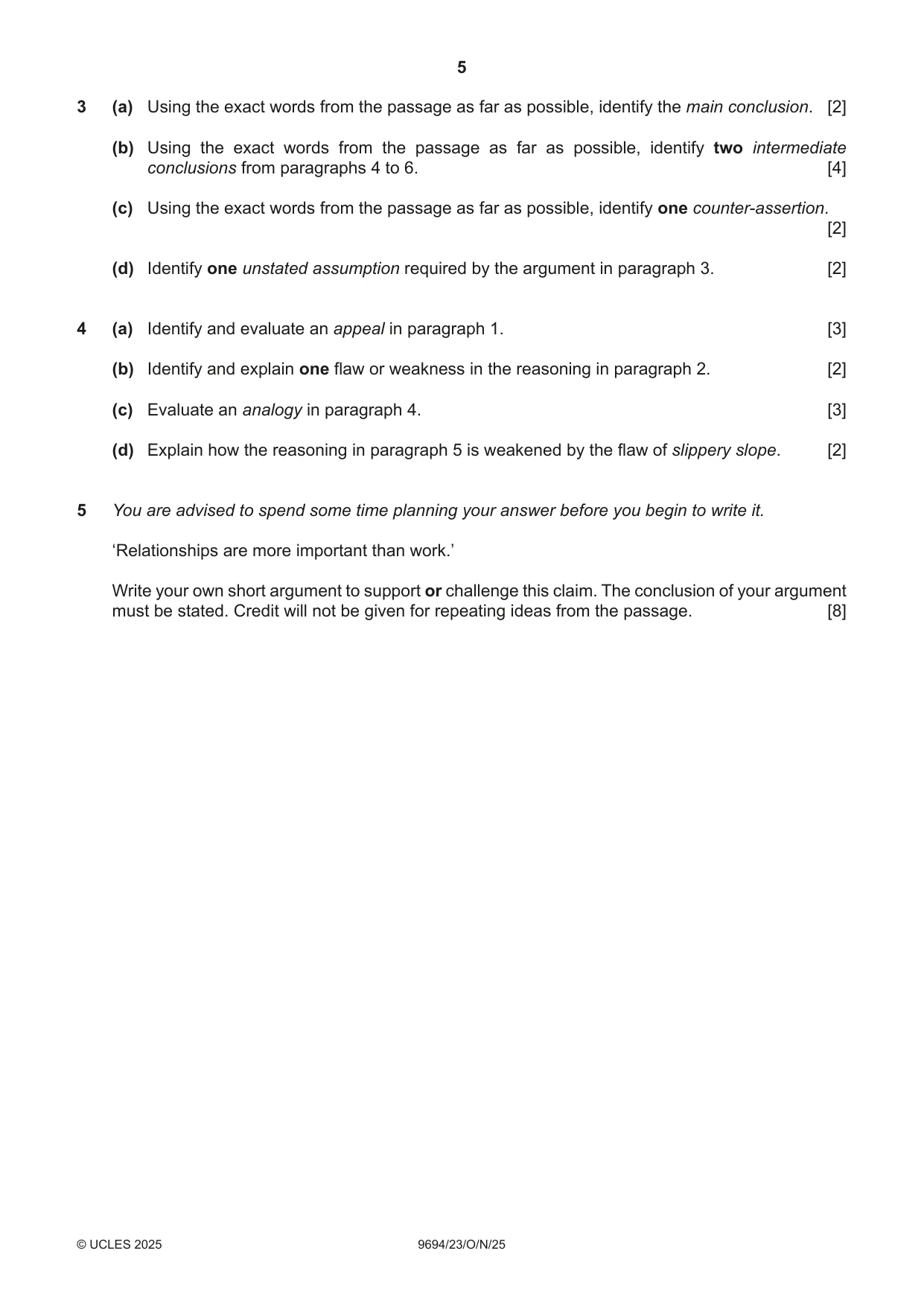 Cambridge A Level Thinking Skills 9694 2025 Oct/Nov Paper 2 · Variant 3 question paper, page 5 of 8