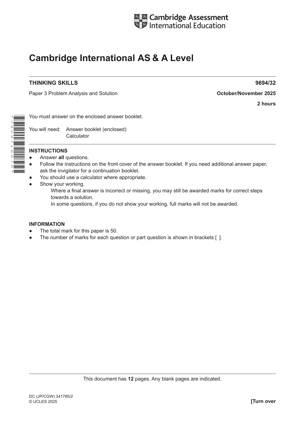 Cambridge A Level Thinking Skills 9694 2025 Oct/Nov Paper 3 · Variant 2 question paper, page 1 of 12