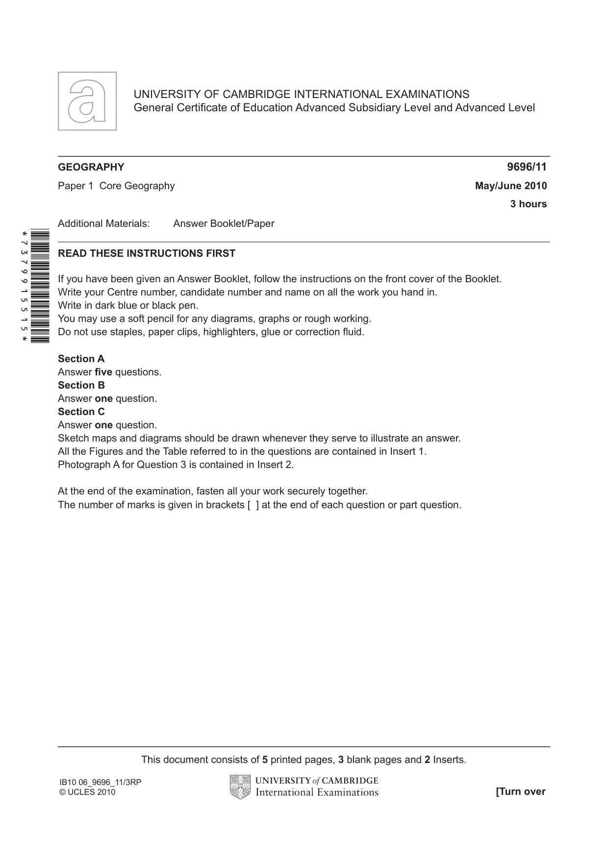 Cambridge A Level Geography 9696 2010 May/June Paper 1 · Variant 1 question paper, page 1 of 8