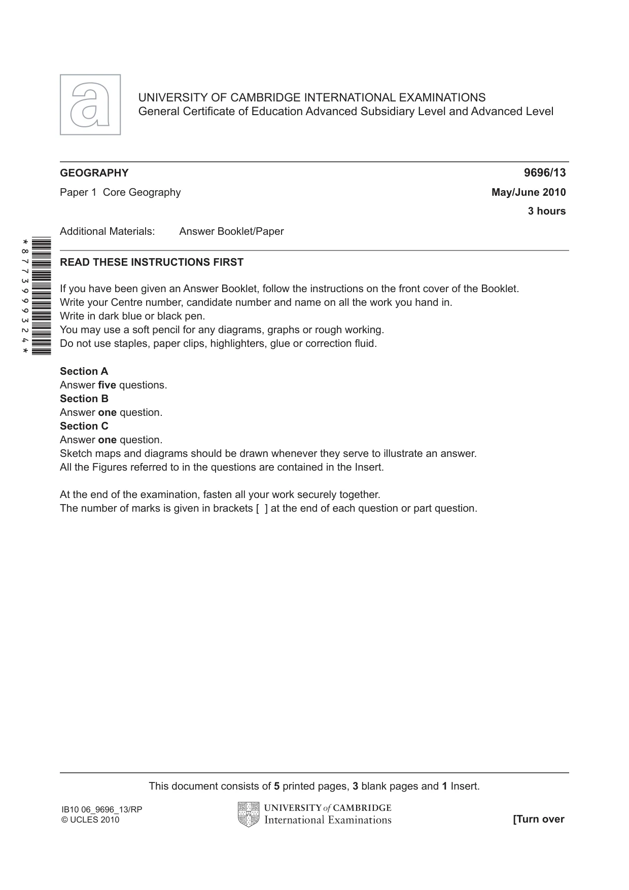 Cambridge A Level Geography 9696 2010 May/June Paper 1 · Variant 3 question paper, page 1 of 8