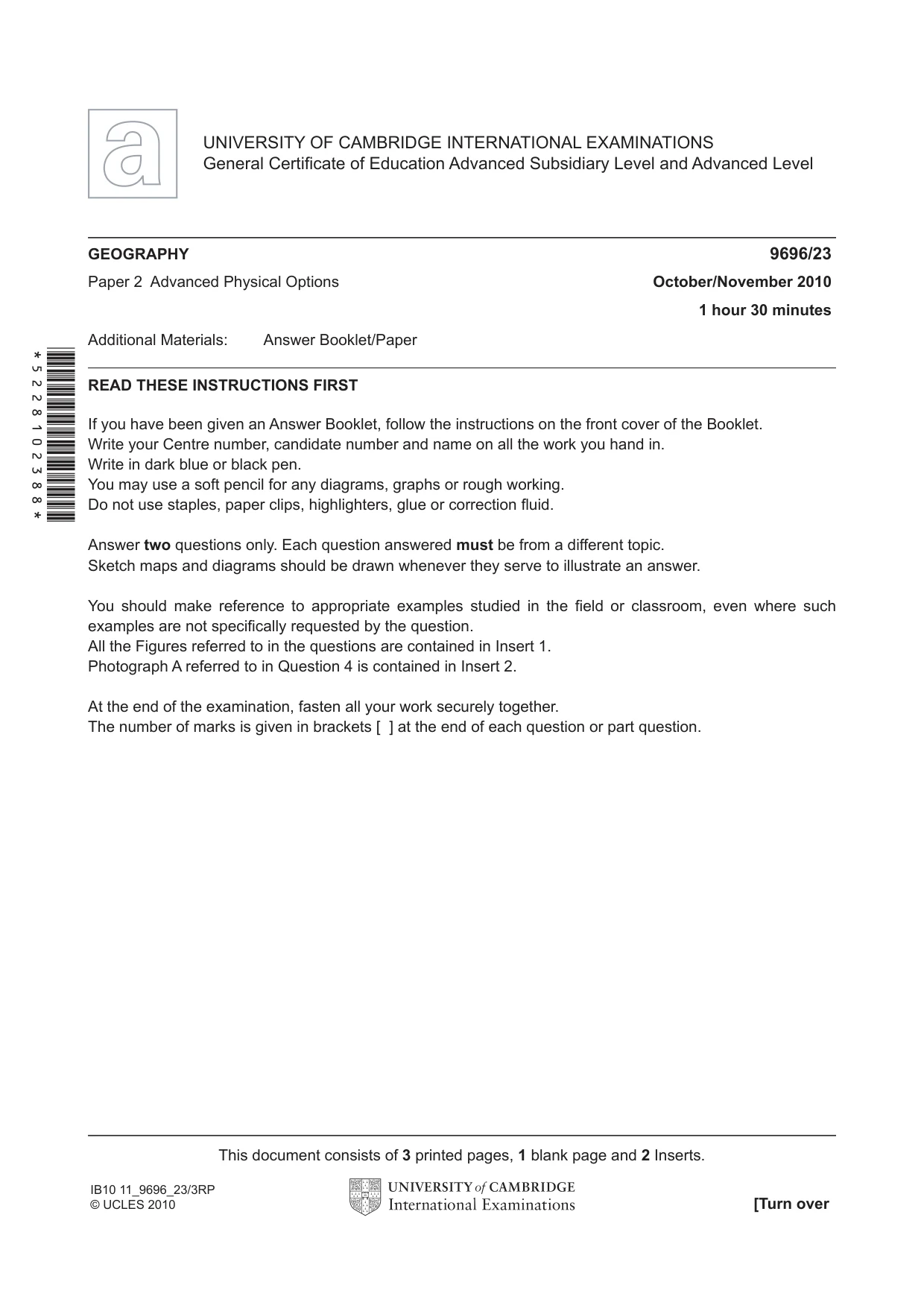 Cambridge A Level Geography 9696 2010 Oct/Nov Paper 2 · Variant 3 question paper, page 1 of 4