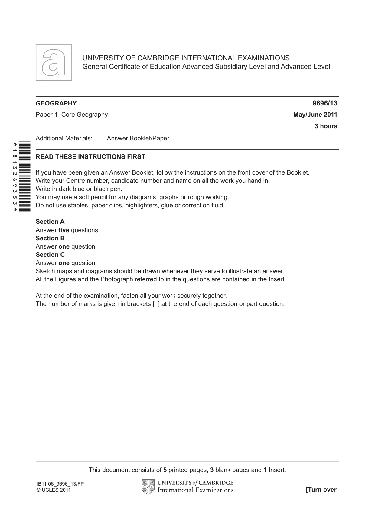 Cambridge A Level Geography 9696 2011 May/June Paper 1 · Variant 3 question paper, page 1 of 8