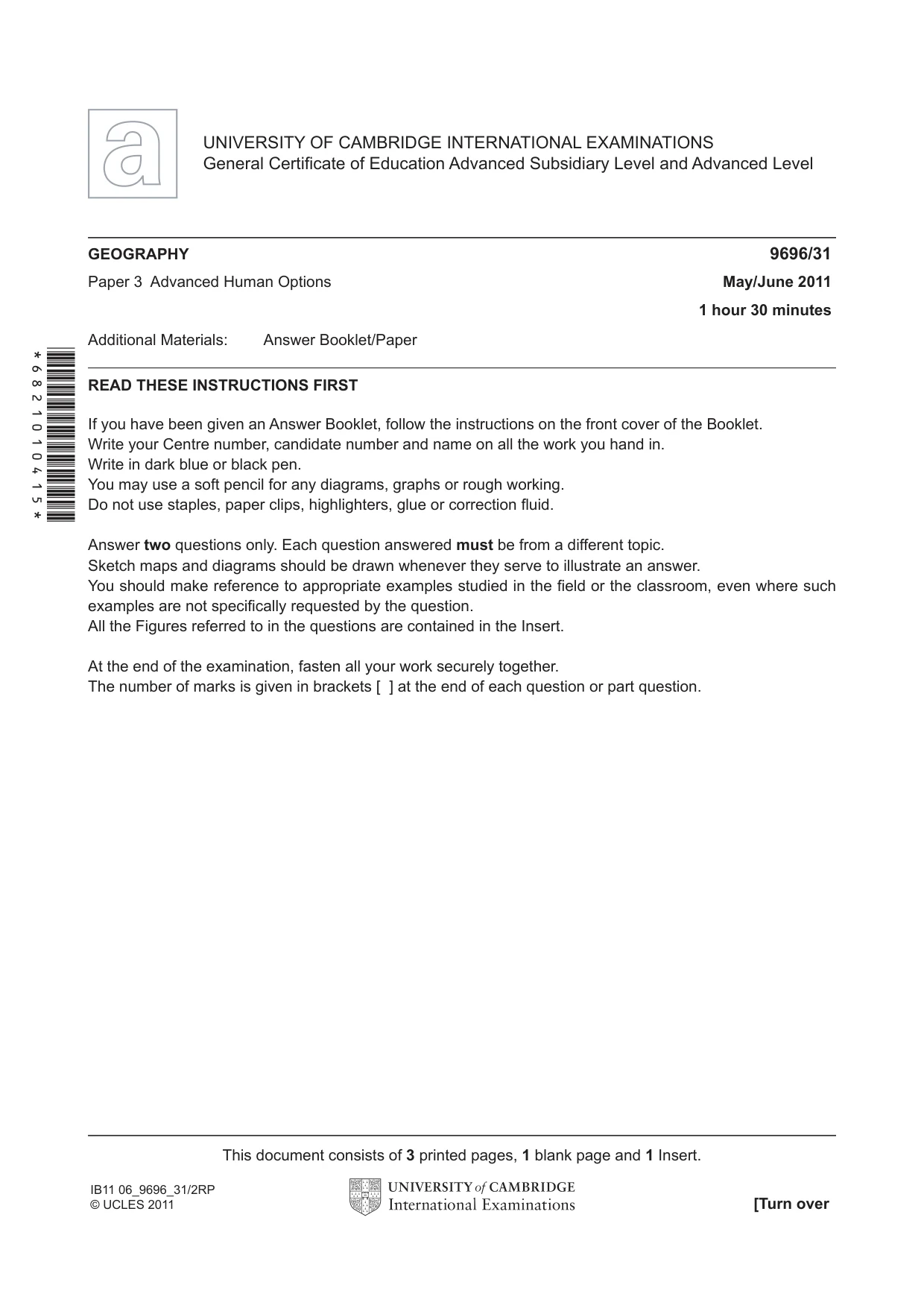 Cambridge A Level Geography 9696 2011 May/June Paper 3 · Variant 1 question paper, page 1 of 4
