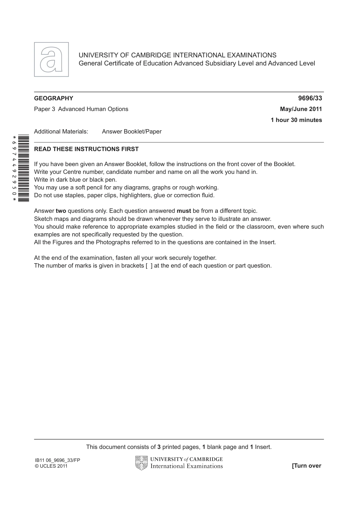 Cambridge A Level Geography 9696 2011 May/June Paper 3 · Variant 3 question paper, page 1 of 4