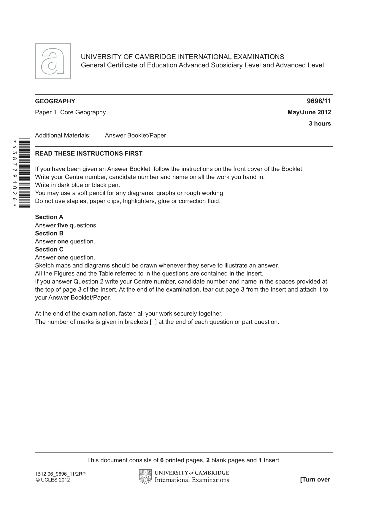 Cambridge A Level Geography 9696 2012 May/June Paper 1 · Variant 1 question paper, page 1 of 8