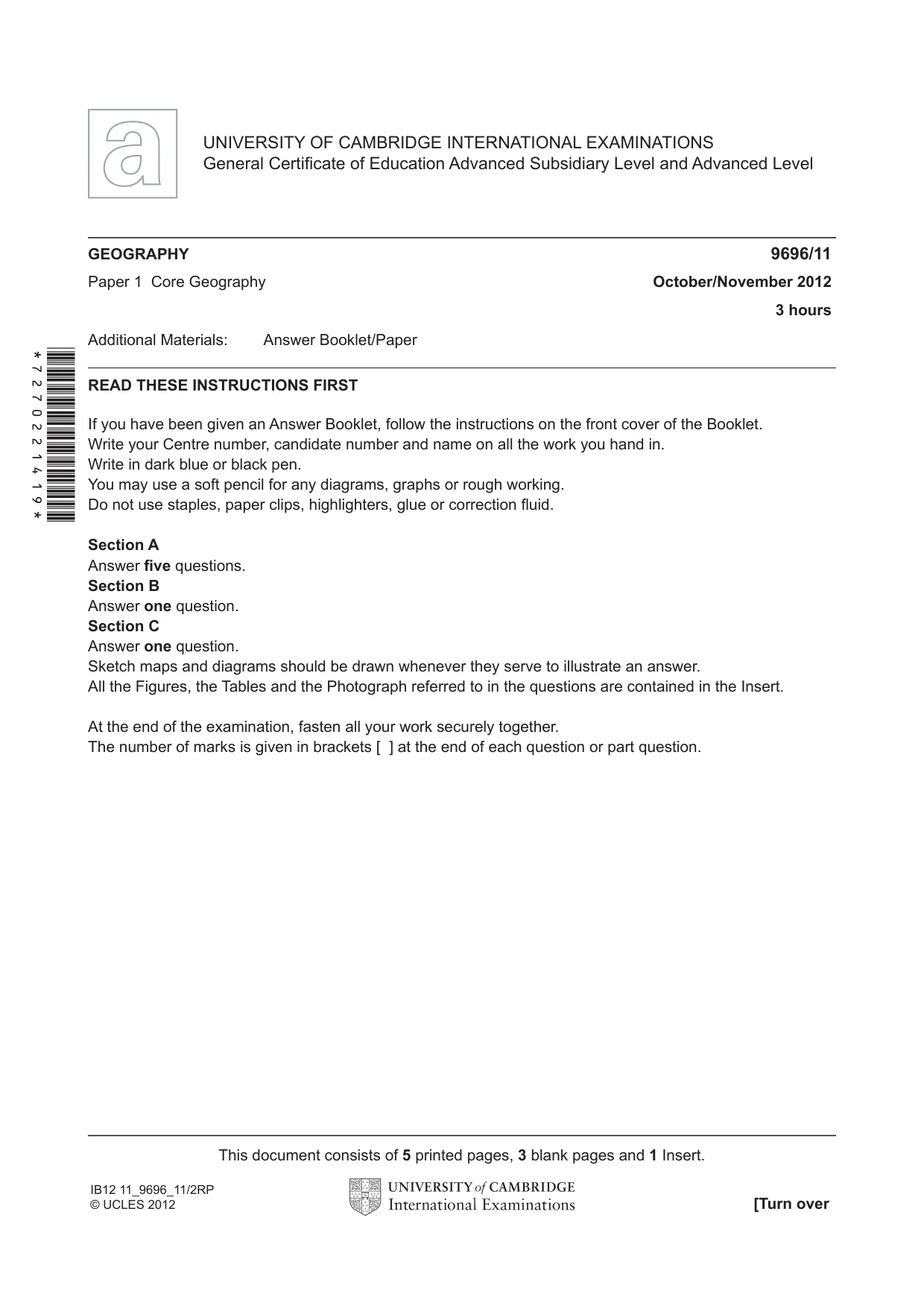 Cambridge A Level Geography 9696 2012 Oct/Nov Paper 1 · Variant 1 question paper, page 1 of 8
