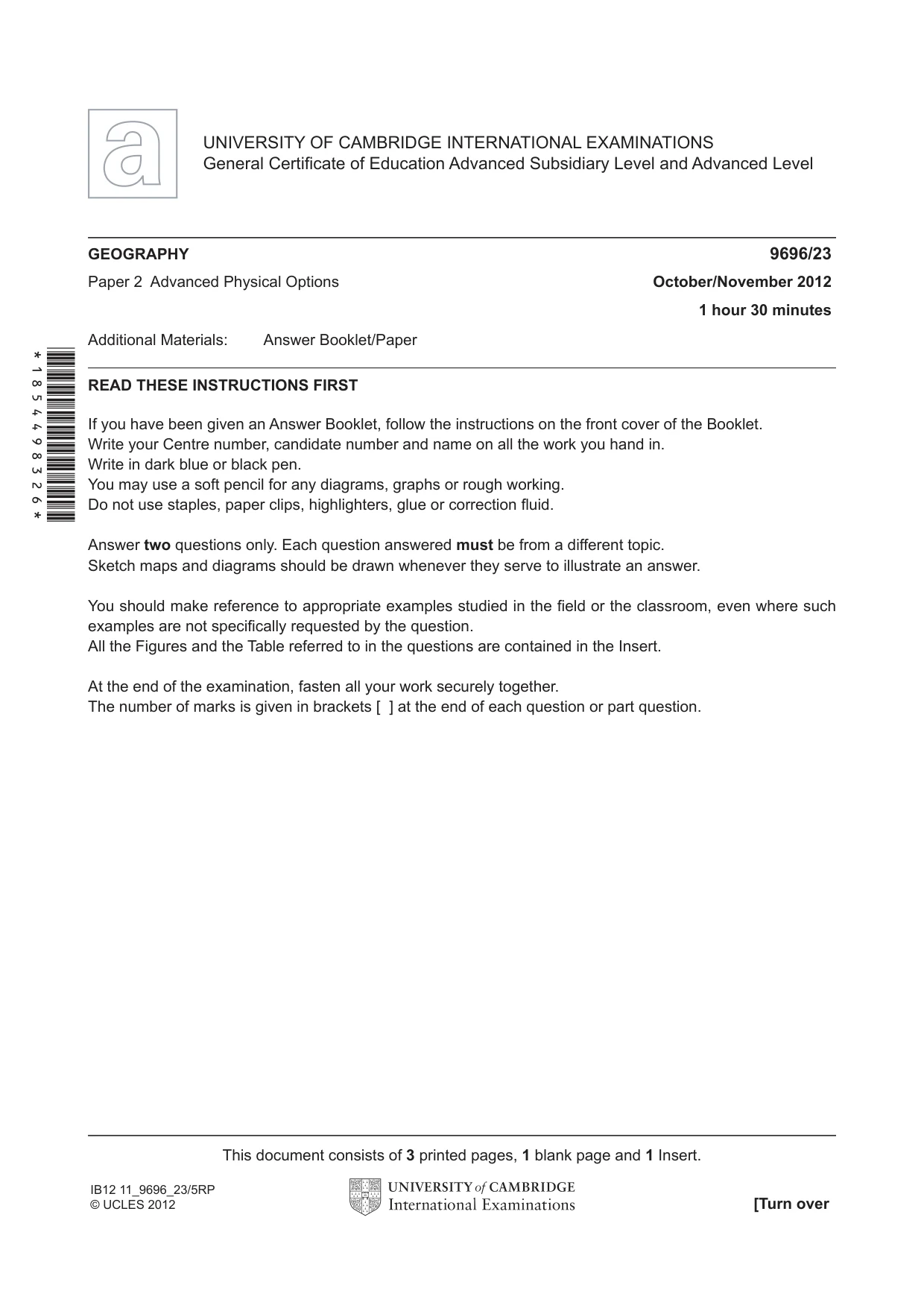 Cambridge A Level Geography 9696 2012 Oct/Nov Paper 2 · Variant 3 question paper, page 1 of 4