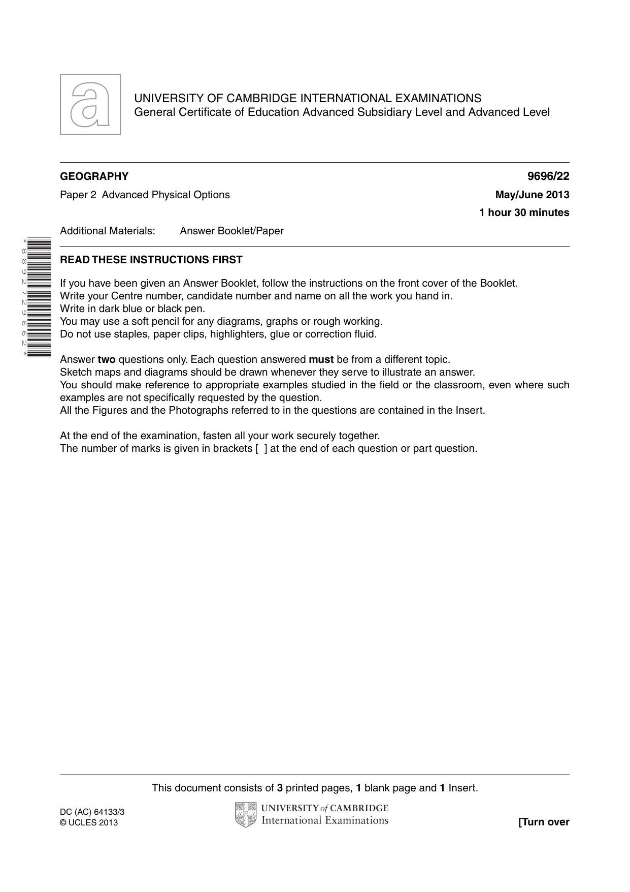 Cambridge A Level Geography 9696 2013 May/June Paper 2 · Variant 2 question paper, page 1 of 4
