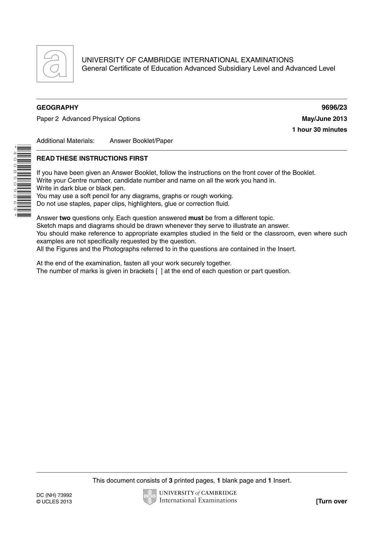 Cambridge A Level Geography 9696 2013 May/June Paper 2 · Variant 3 question paper, page 1 of 4