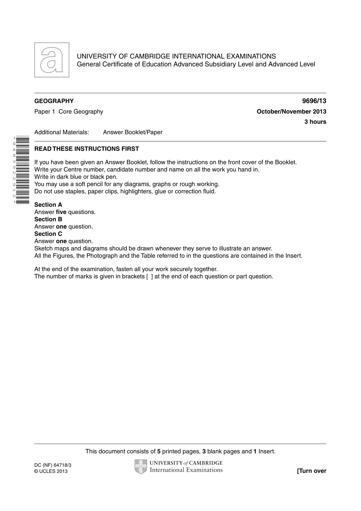 Cambridge A Level Geography 9696 2013 Oct/Nov Paper 1 · Variant 3 question paper, page 1 of 8
