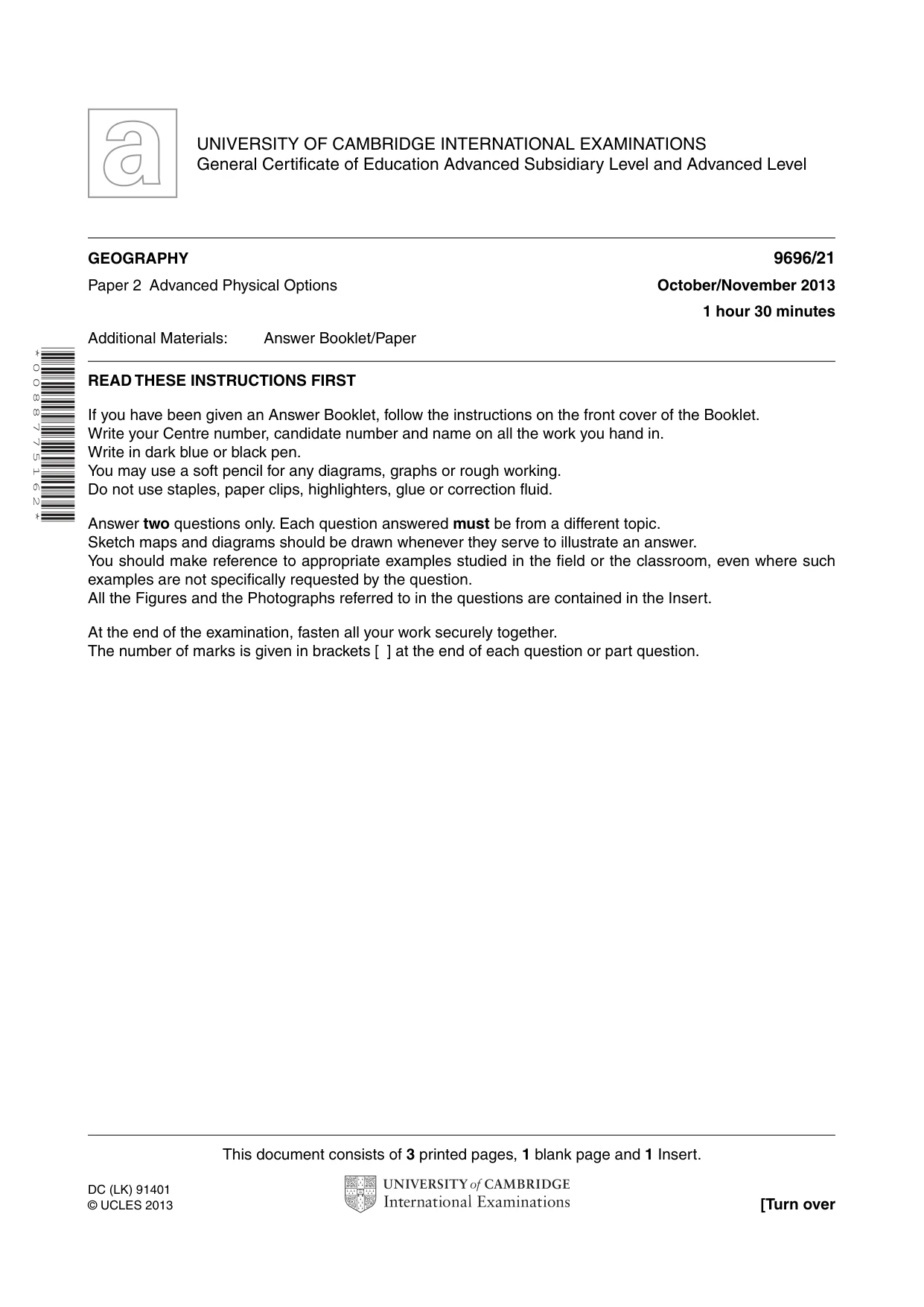 Cambridge A Level Geography 9696 2013 Oct/Nov Paper 2 · Variant 1 question paper, page 1 of 4