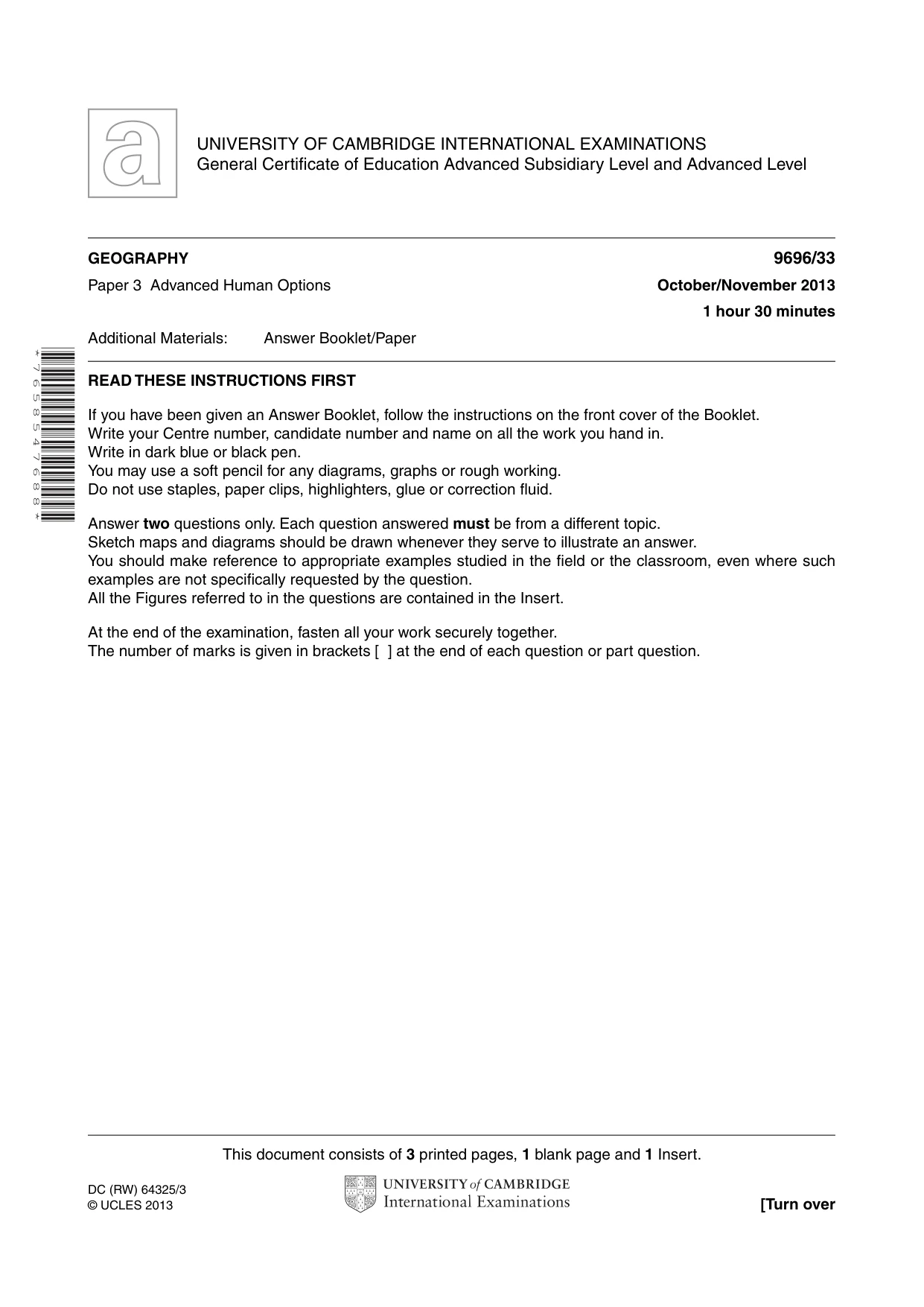 Cambridge A Level Geography 9696 2013 Oct/Nov Paper 3 · Variant 3 question paper, page 1 of 4