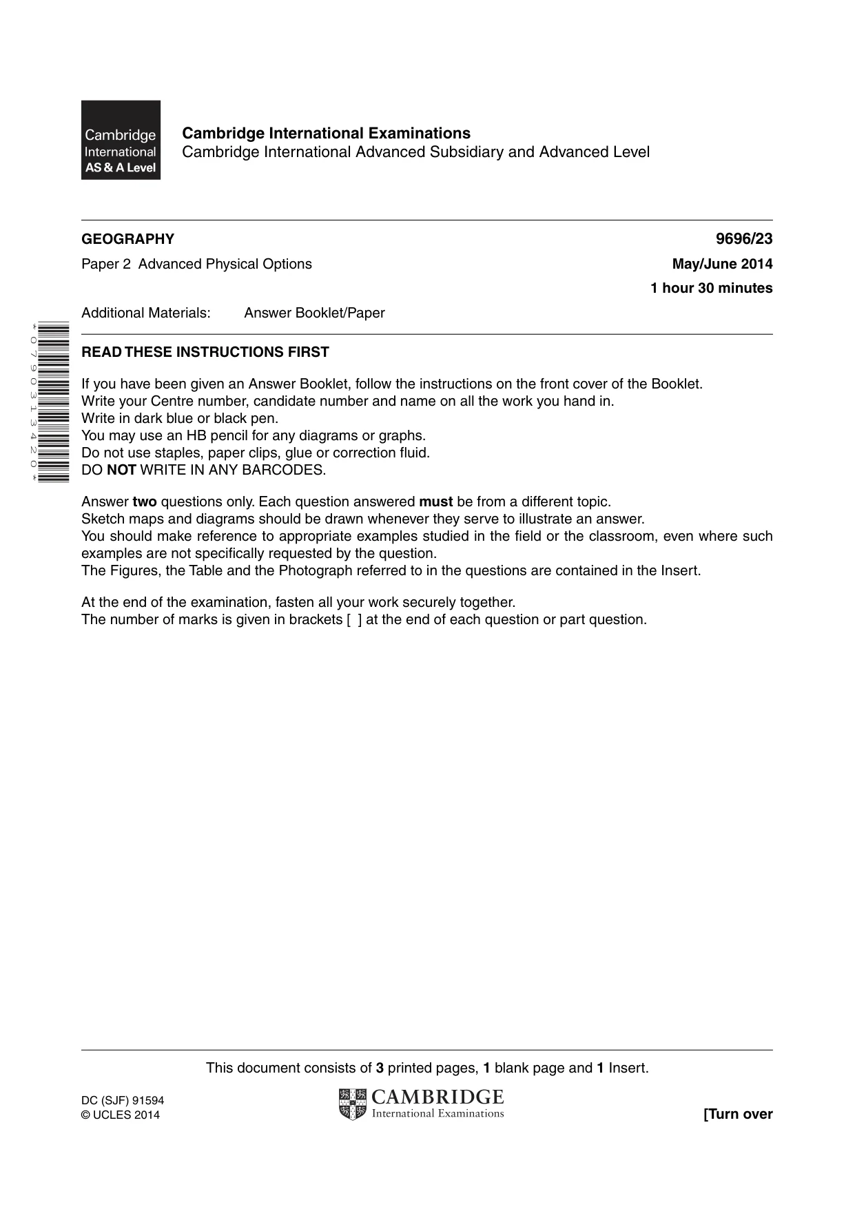 Cambridge A Level Geography 9696 2014 May/June Paper 2 · Variant 3 question paper, page 1 of 4