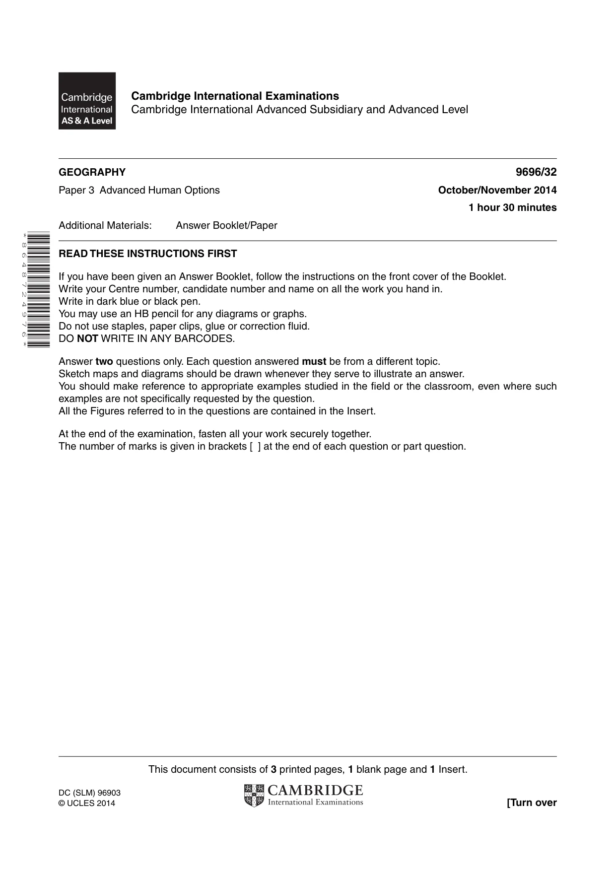 Cambridge A Level Geography 9696 2014 Oct/Nov Paper 3 · Variant 2 question paper, page 1 of 4