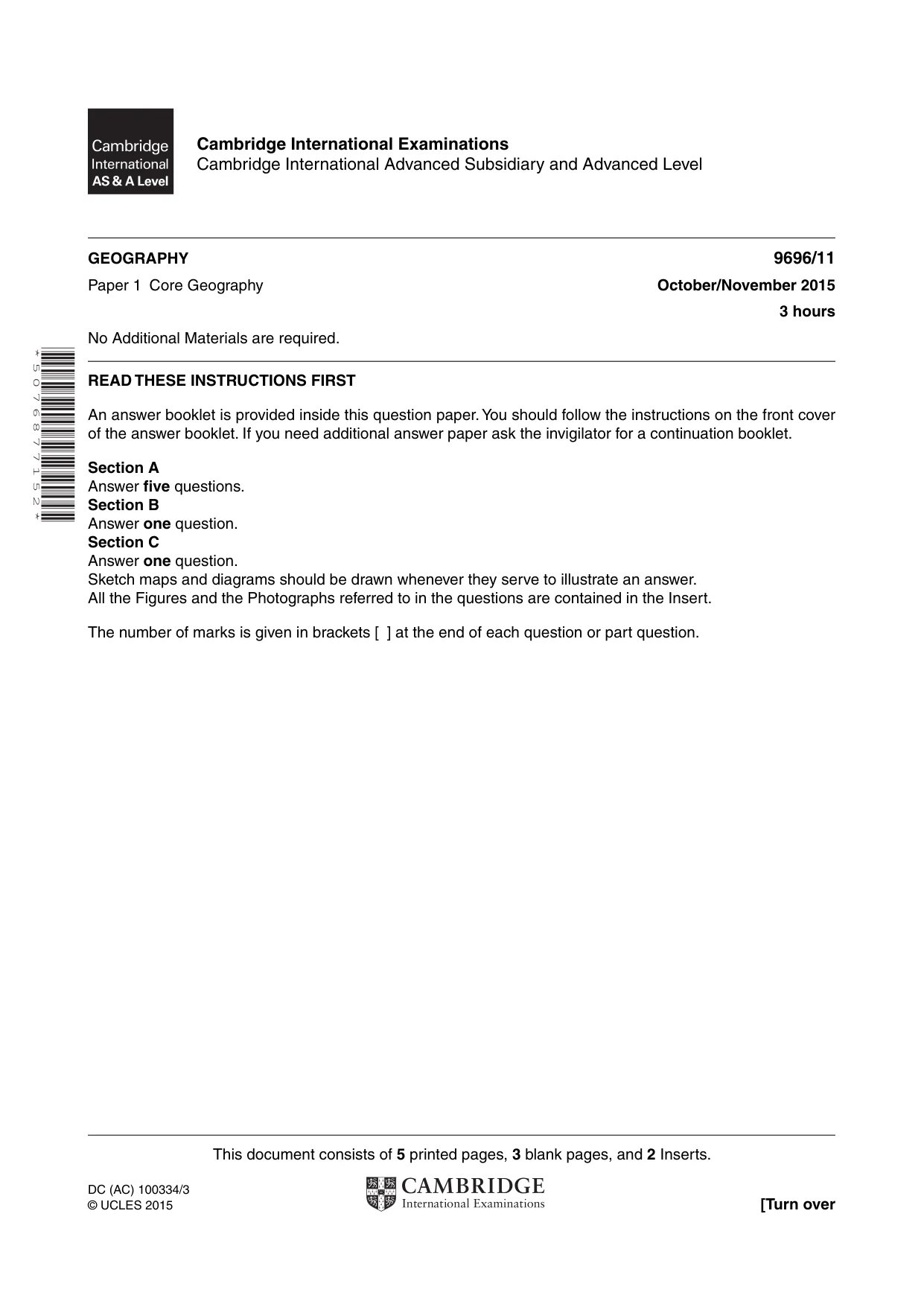 Cambridge A Level Geography 9696 2015 Oct/Nov Paper 1 · Variant 1 question paper, page 1 of 8