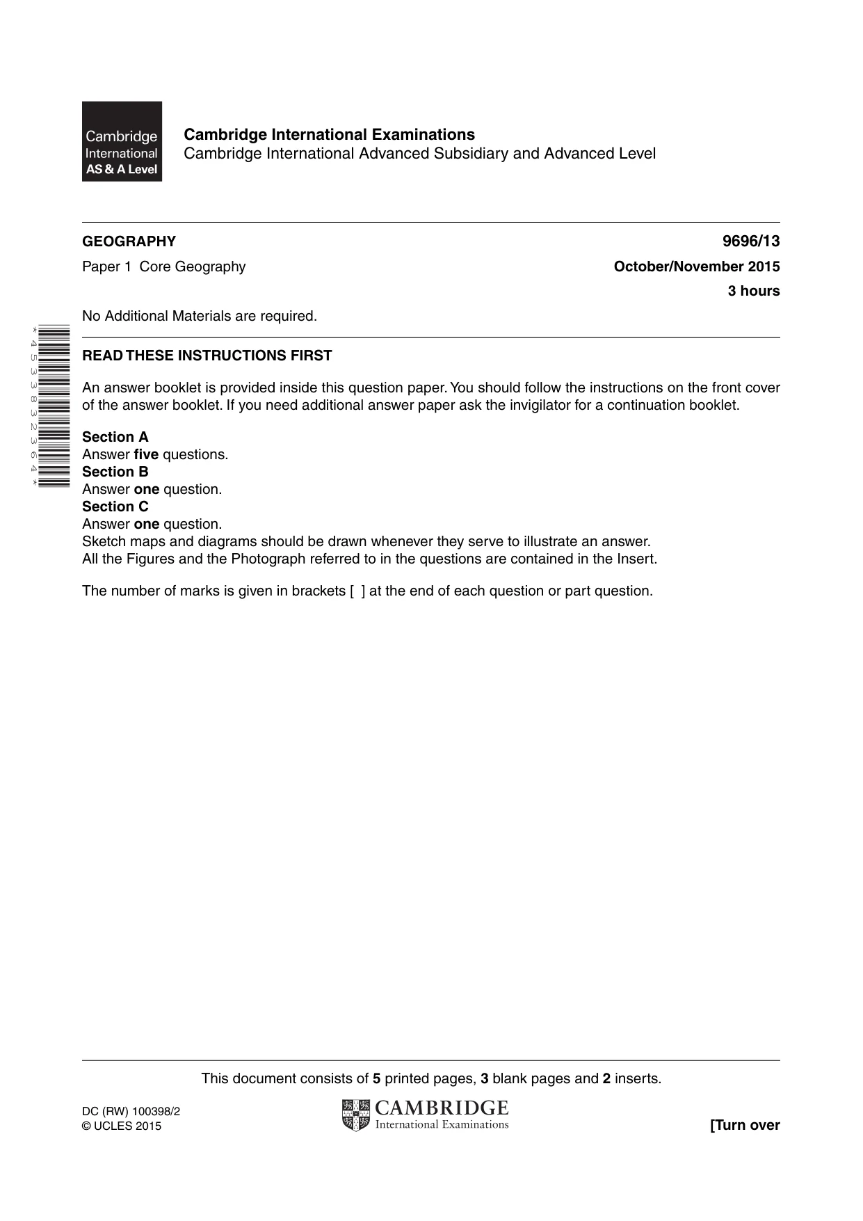 Cambridge A Level Geography 9696 2015 Oct/Nov Paper 1 · Variant 3 question paper, page 1 of 8