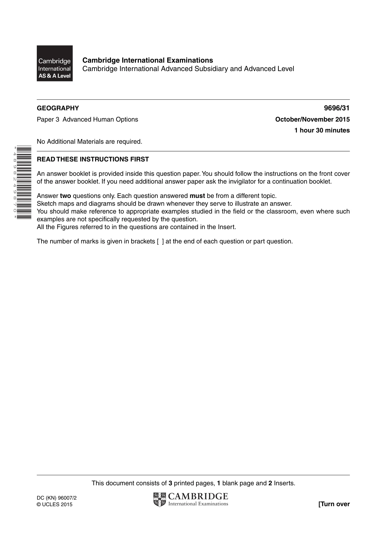 Cambridge A Level Geography 9696 2015 Oct/Nov Paper 3 · Variant 1 question paper, page 1 of 4