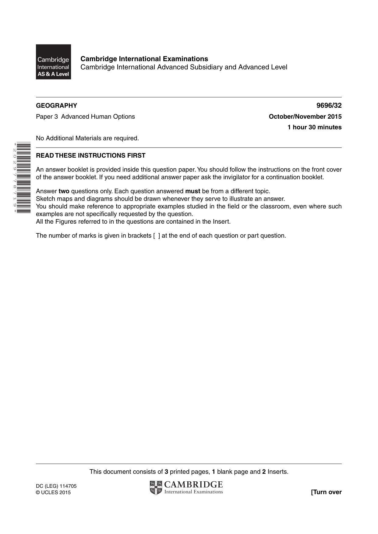 Cambridge A Level Geography 9696 2015 Oct/Nov Paper 3 · Variant 2 question paper, page 1 of 4