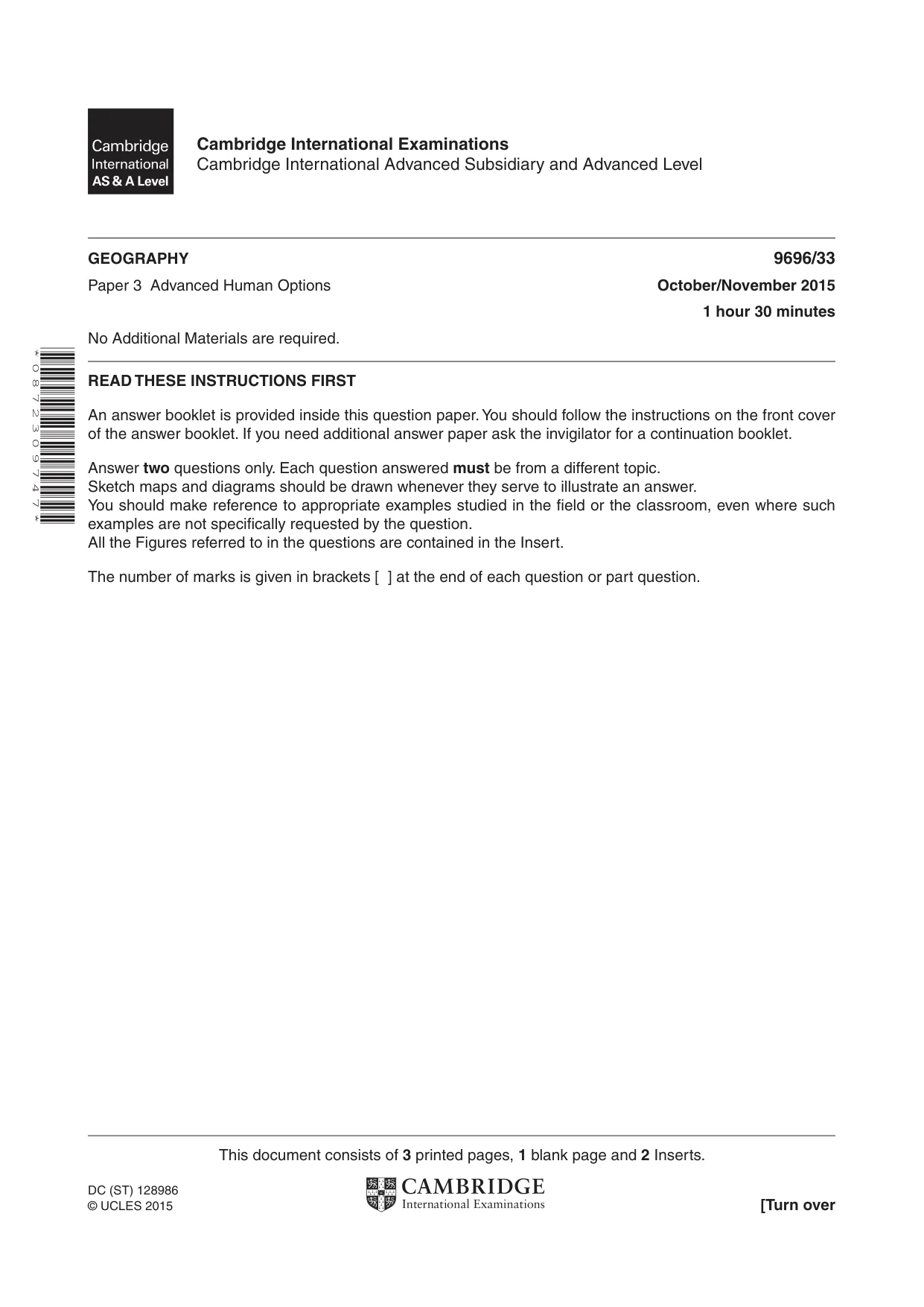 Cambridge A Level Geography 9696 2015 Oct/Nov Paper 3 · Variant 3 question paper, page 1 of 4