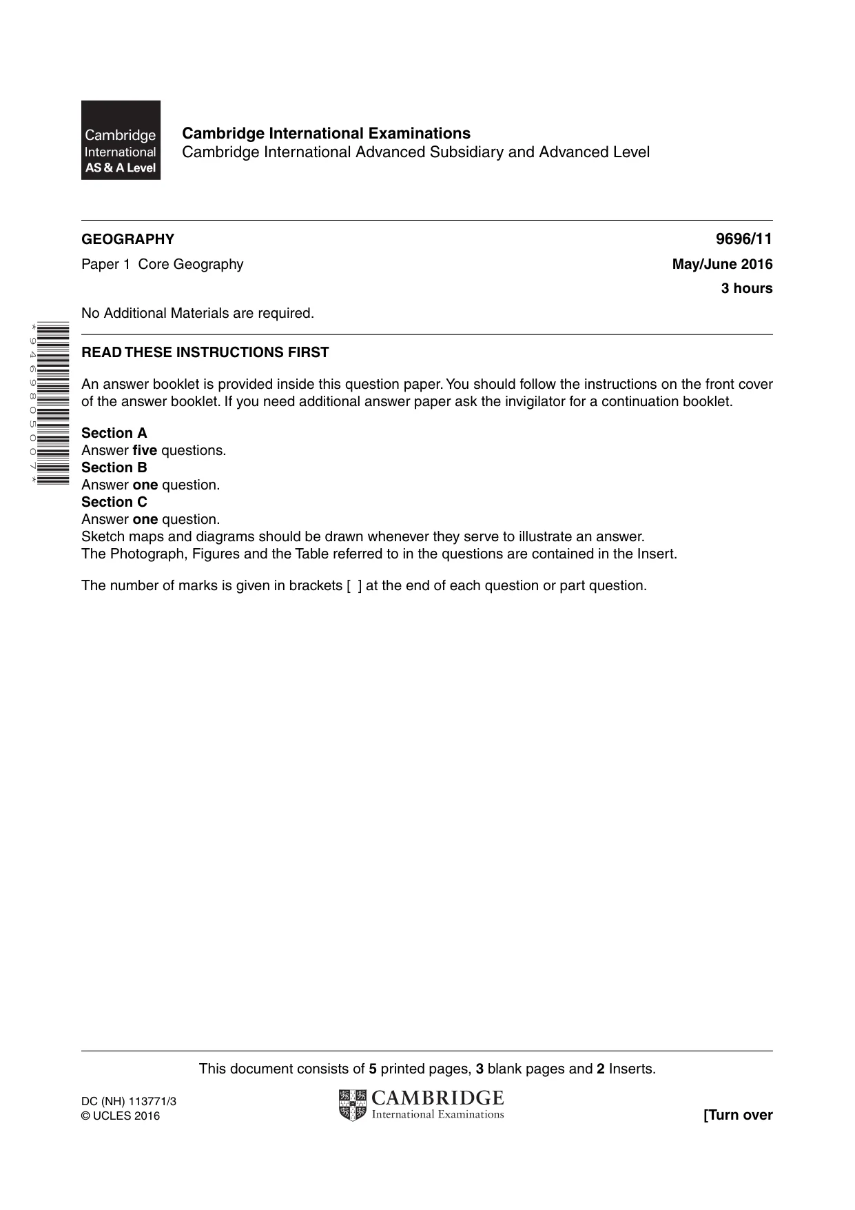 Cambridge A Level Geography 9696 2016 May/June Paper 1 · Variant 1 question paper, page 1 of 8