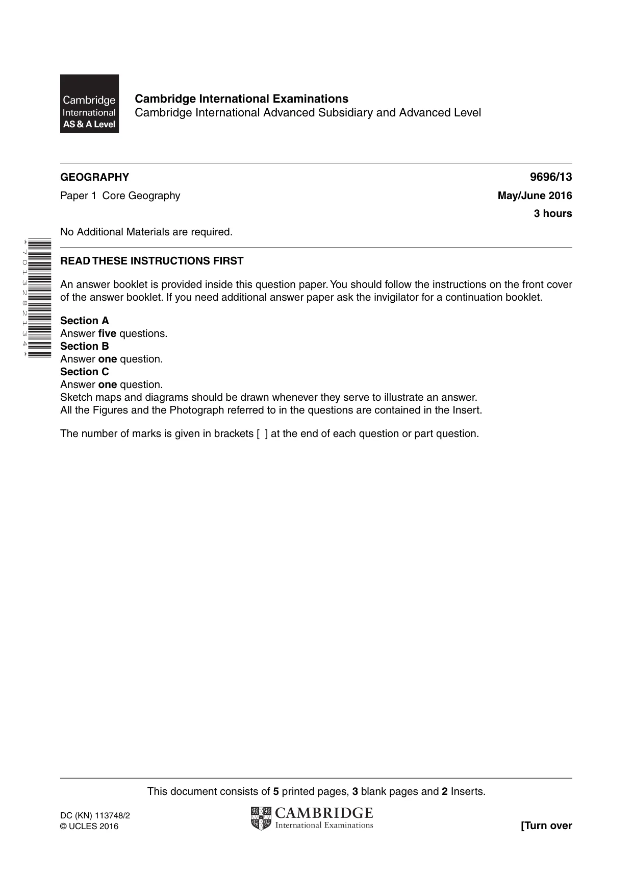 Cambridge A Level Geography 9696 2016 May/June Paper 1 · Variant 3 question paper, page 1 of 8