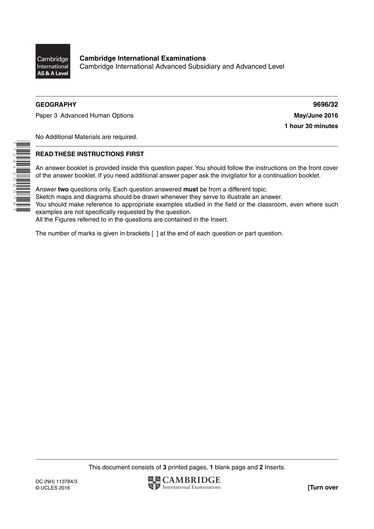 Cambridge A Level Geography 9696 2016 May/June Paper 3 · Variant 2 question paper, page 1 of 4
