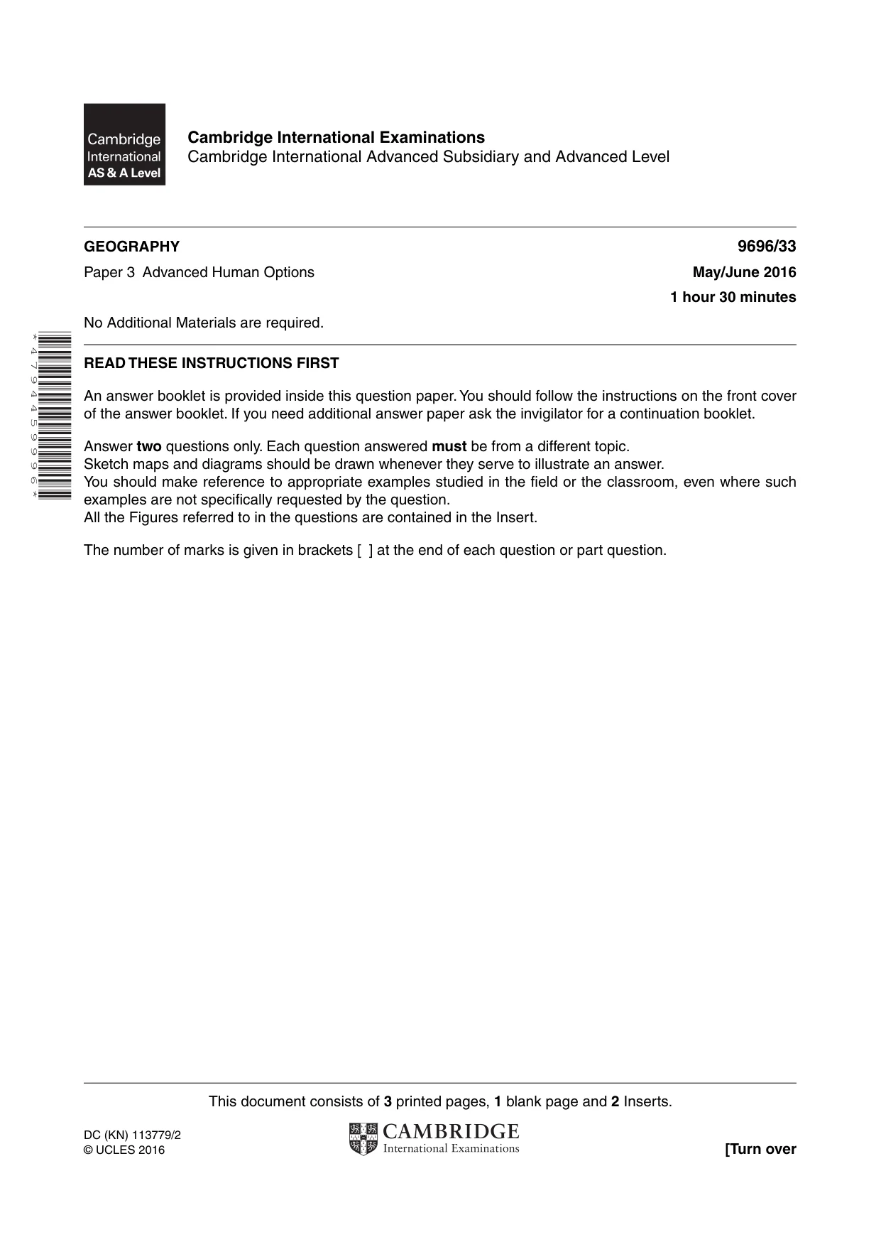Cambridge A Level Geography 9696 2016 May/June Paper 3 · Variant 3 question paper, page 1 of 4