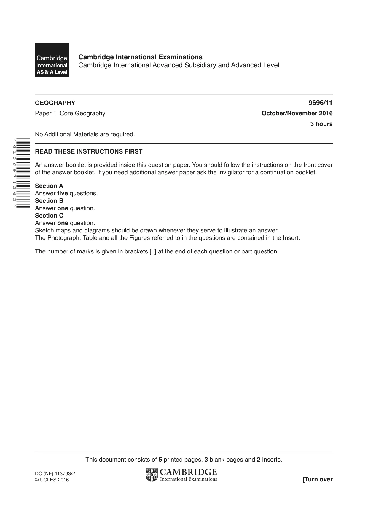 Cambridge A Level Geography 9696 2016 Oct/Nov Paper 1 · Variant 1 question paper, page 1 of 8