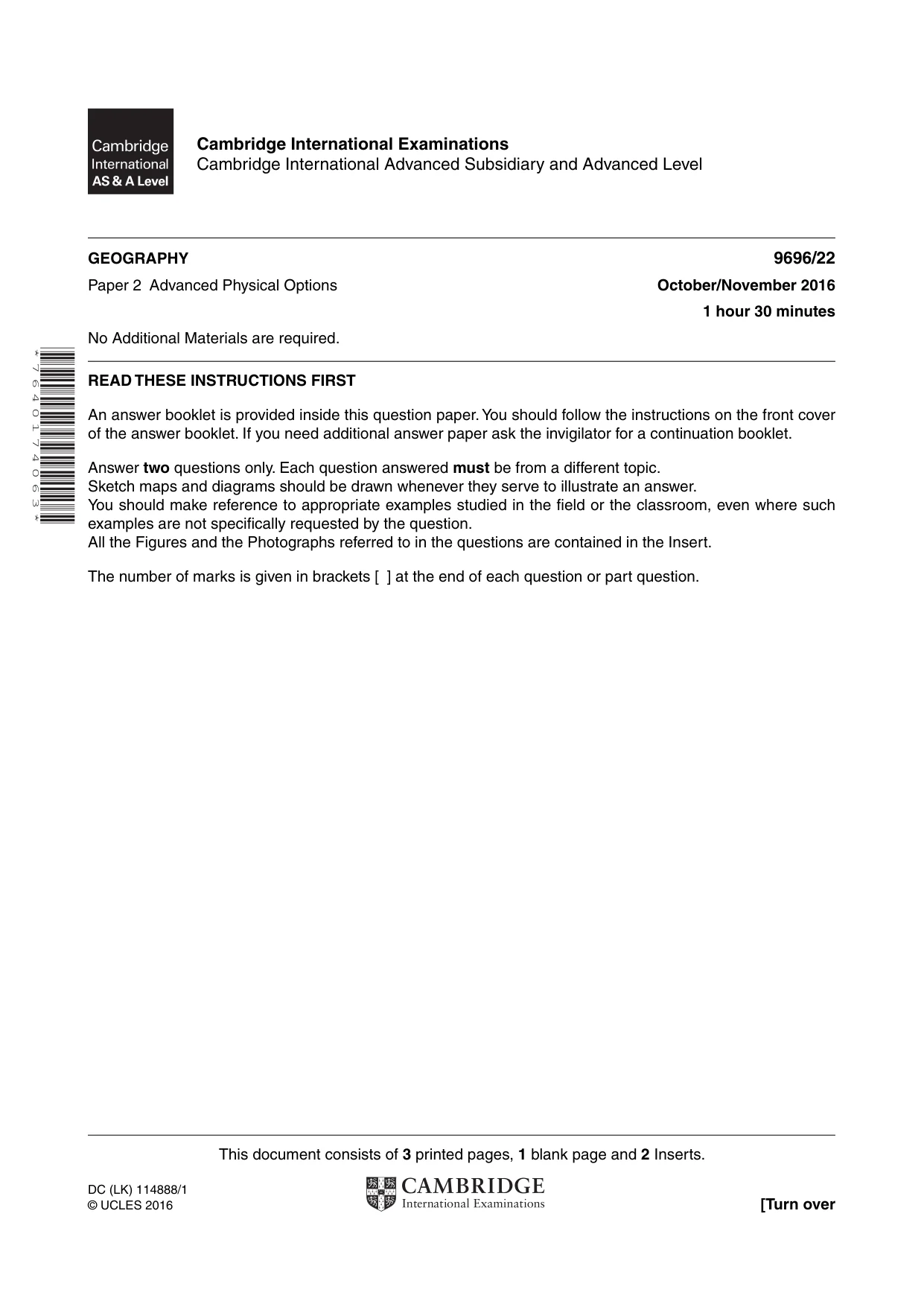 Cambridge A Level Geography 9696 2016 Oct/Nov Paper 2 · Variant 2 question paper, page 1 of 4