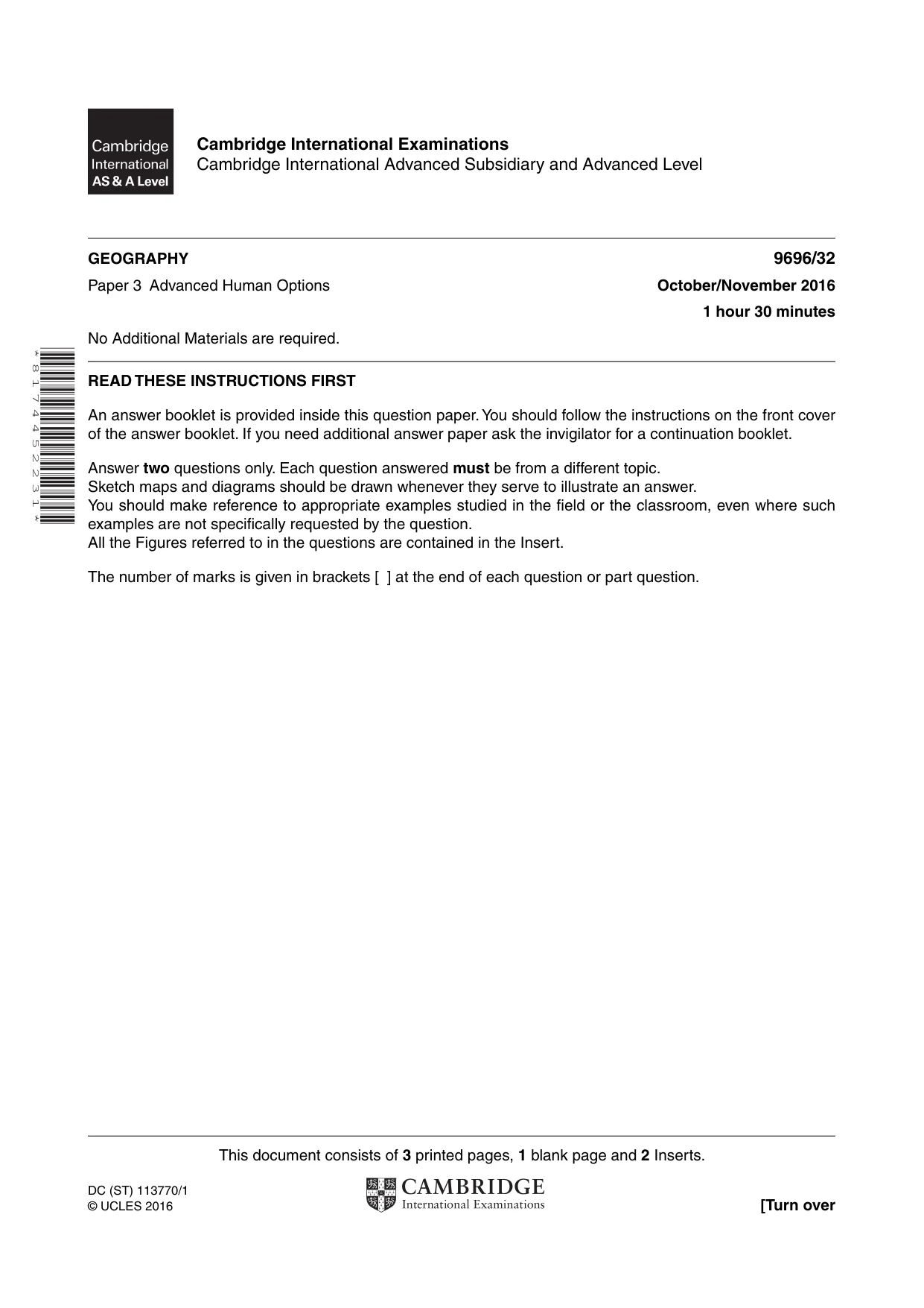 Cambridge A Level Geography 9696 2016 Oct/Nov Paper 3 · Variant 2 question paper, page 1 of 4