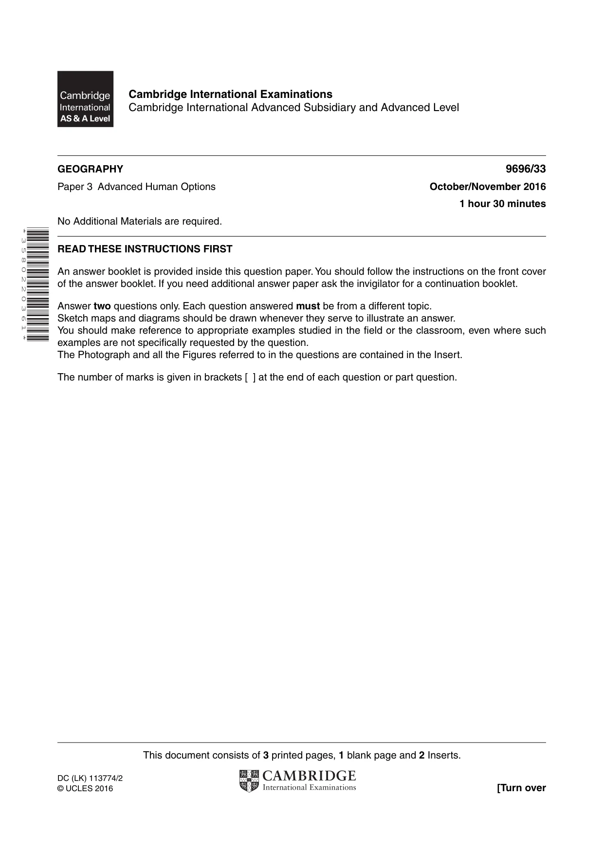 Cambridge A Level Geography 9696 2016 Oct/Nov Paper 3 · Variant 3 question paper, page 1 of 4