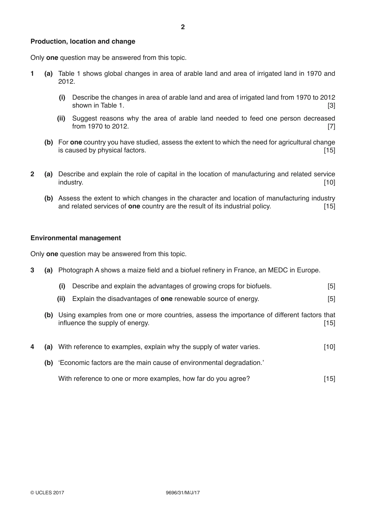 Cambridge A Level Geography 9696 2017 May/June Paper 3 · Variant 1 question paper, page 2 of 4