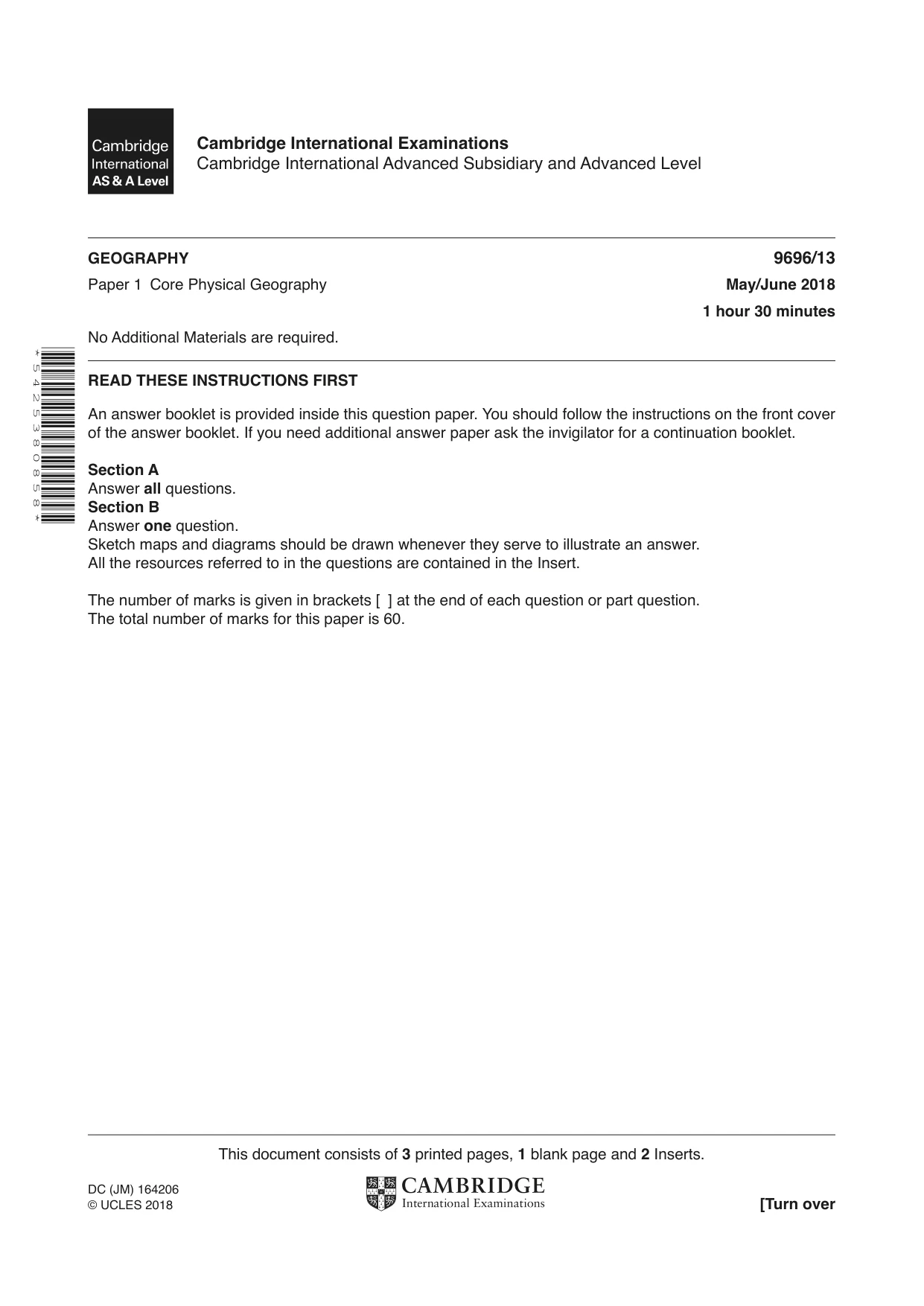Cambridge A Level Geography 9696 2018 May/June Paper 1 · Variant 3 question paper, page 1 of 4