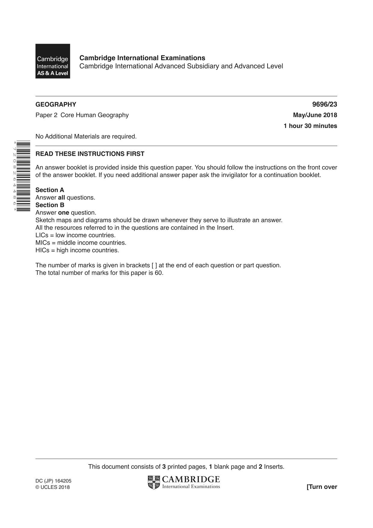 Cambridge A Level Geography 9696 2018 May/June Paper 2 · Variant 3 question paper, page 1 of 4