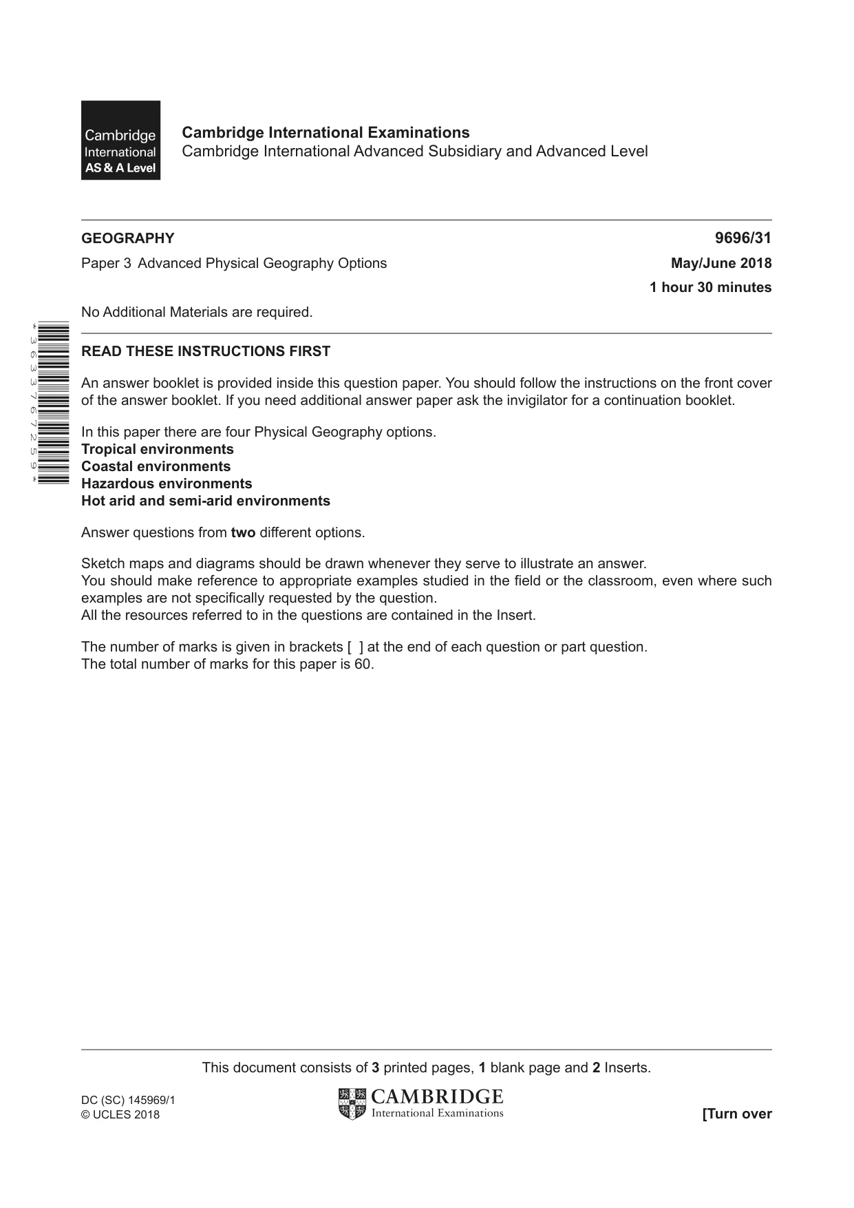 Cambridge A Level Geography 9696 2018 May/June Paper 3 · Variant 1 question paper, page 1 of 4