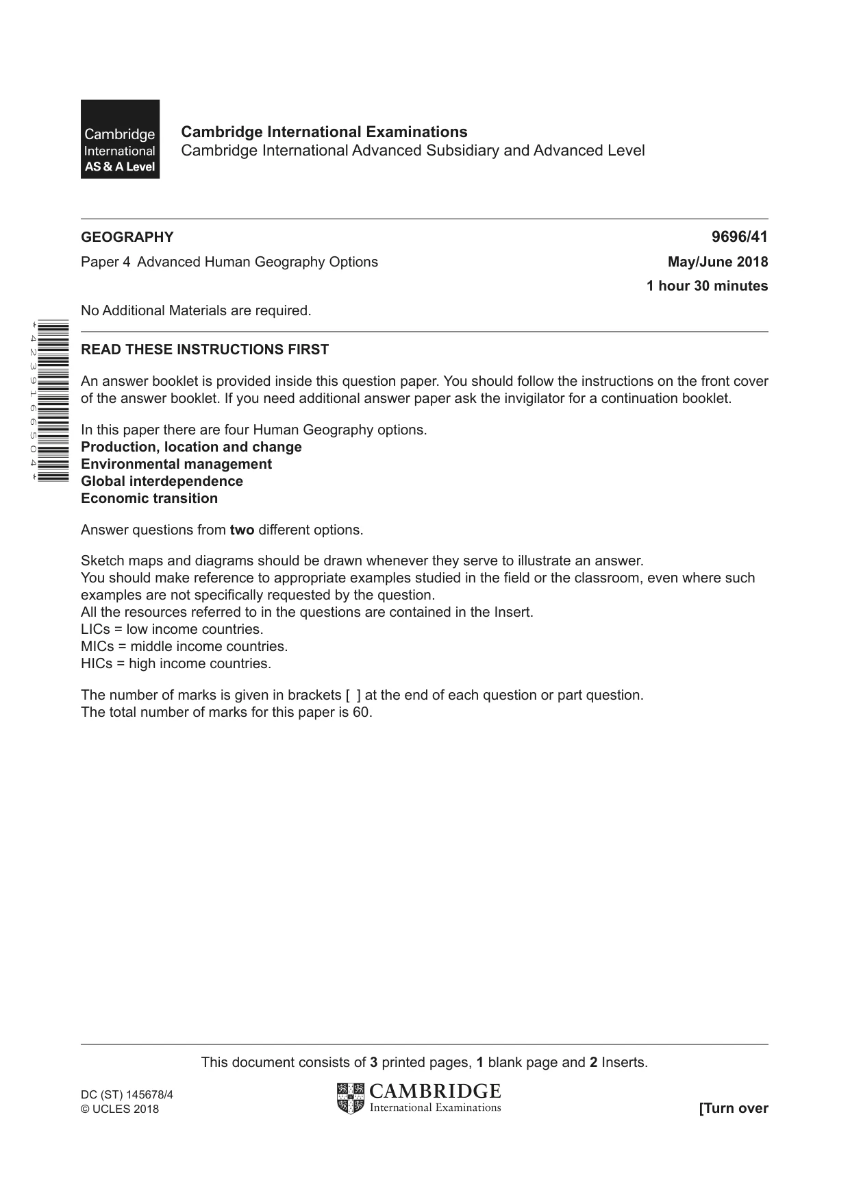 Cambridge A Level Geography 9696 2018 May/June Paper 4 · Variant 1 question paper, page 1 of 4