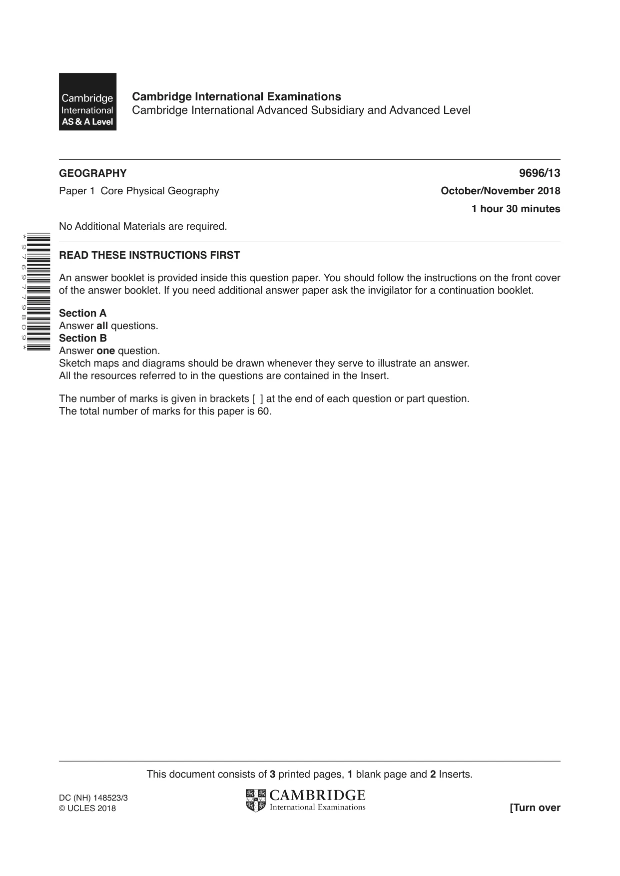 Cambridge A Level Geography 9696 2018 Oct/Nov Paper 1 · Variant 3 question paper, page 1 of 4