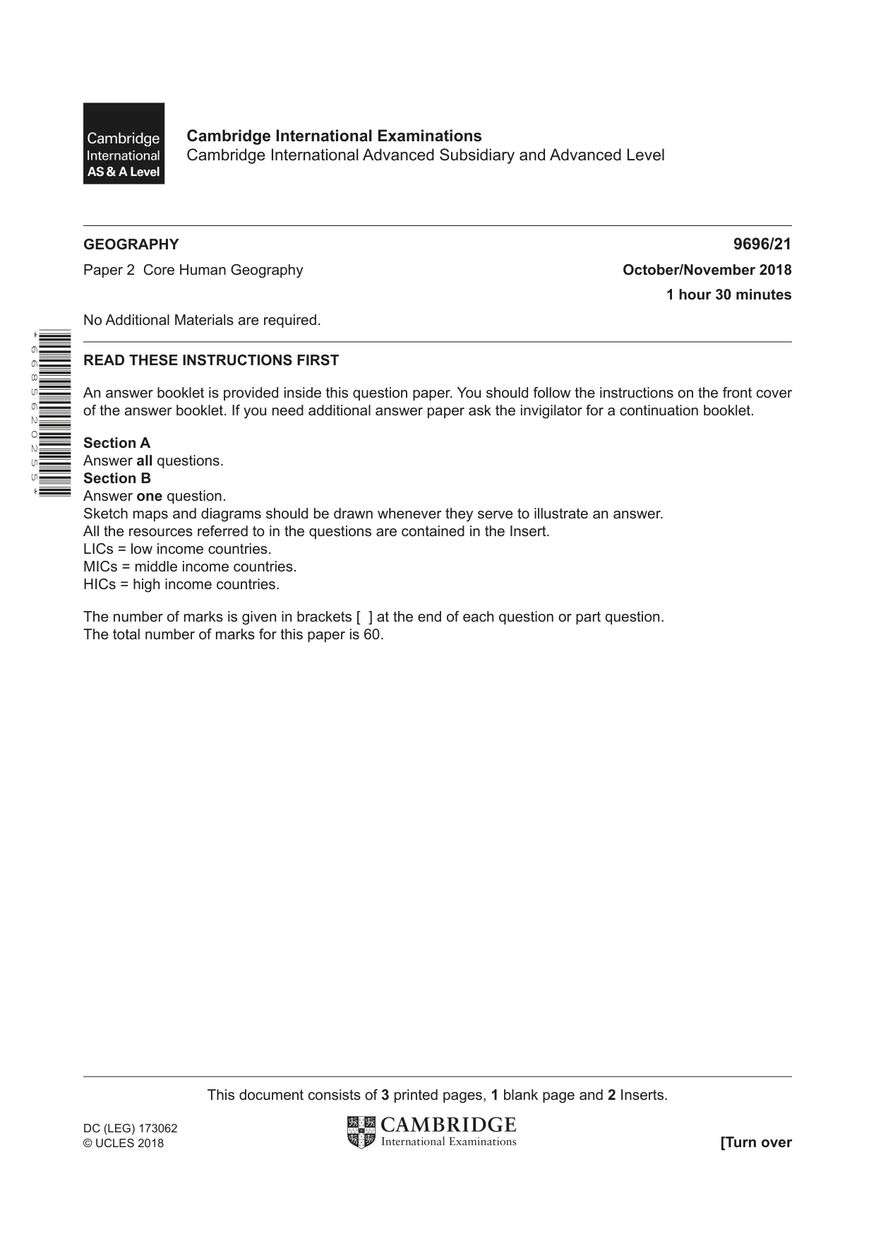 Cambridge A Level Geography 9696 2018 Oct/Nov Paper 2 · Variant 1 question paper, page 1 of 4