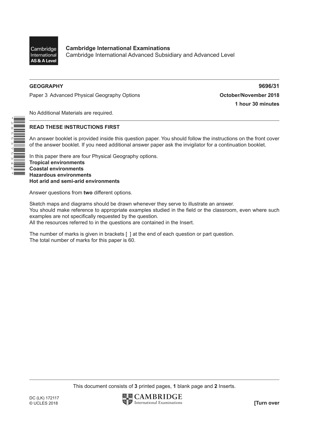 Cambridge A Level Geography 9696 2018 Oct/Nov Paper 3 · Variant 1 question paper, page 1 of 4