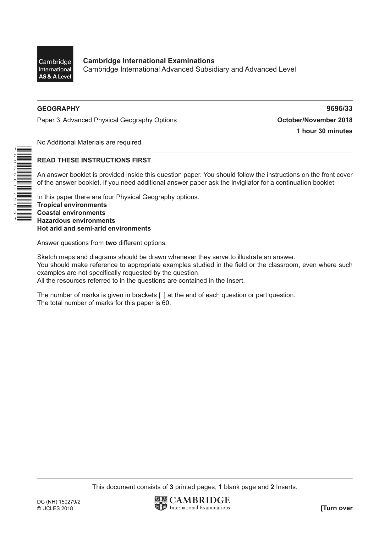 Cambridge A Level Geography 9696 2018 Oct/Nov Paper 3 · Variant 3 question paper, page 1 of 4