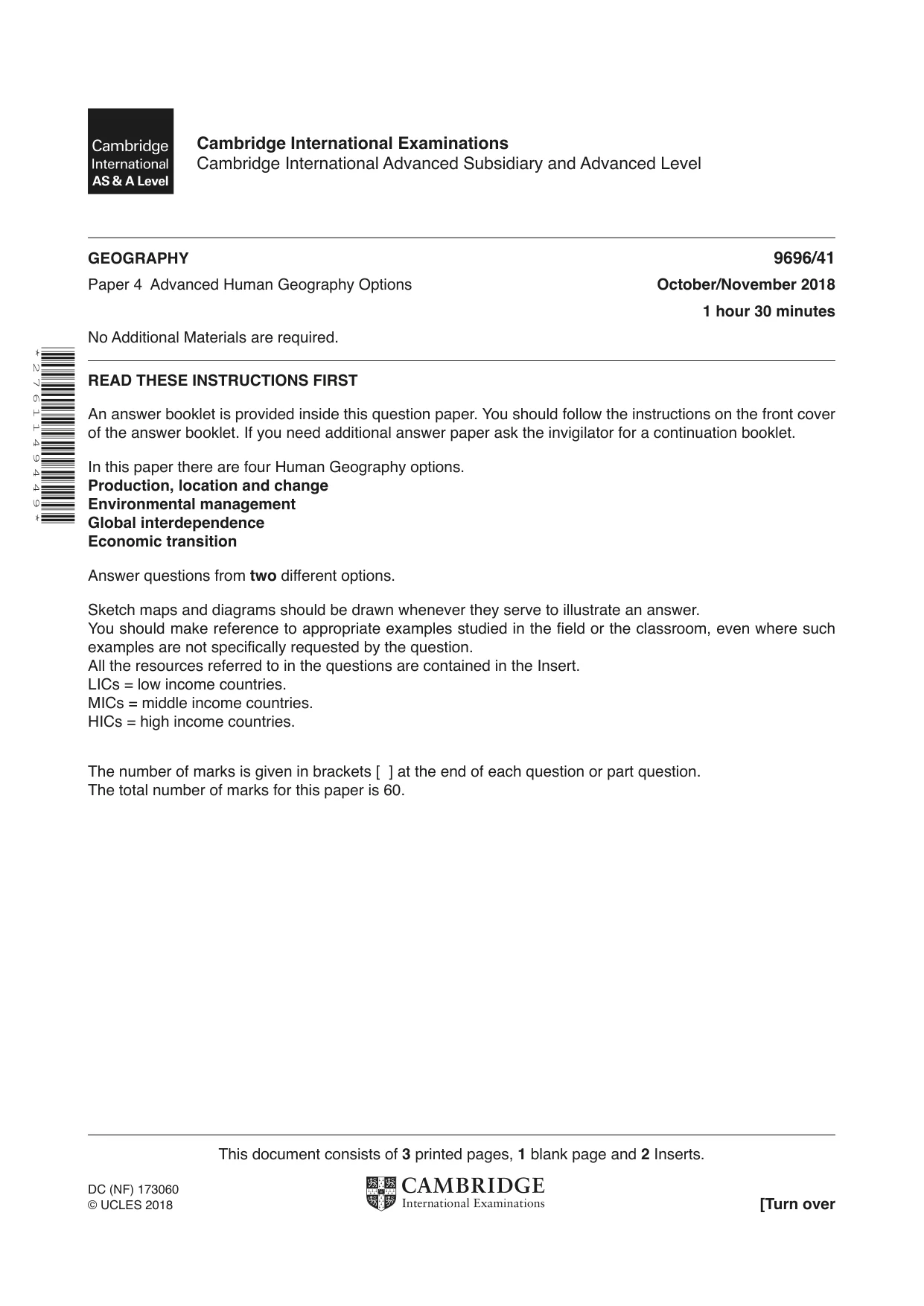 Cambridge A Level Geography 9696 2018 Oct/Nov Paper 4 · Variant 1 question paper, page 1 of 4