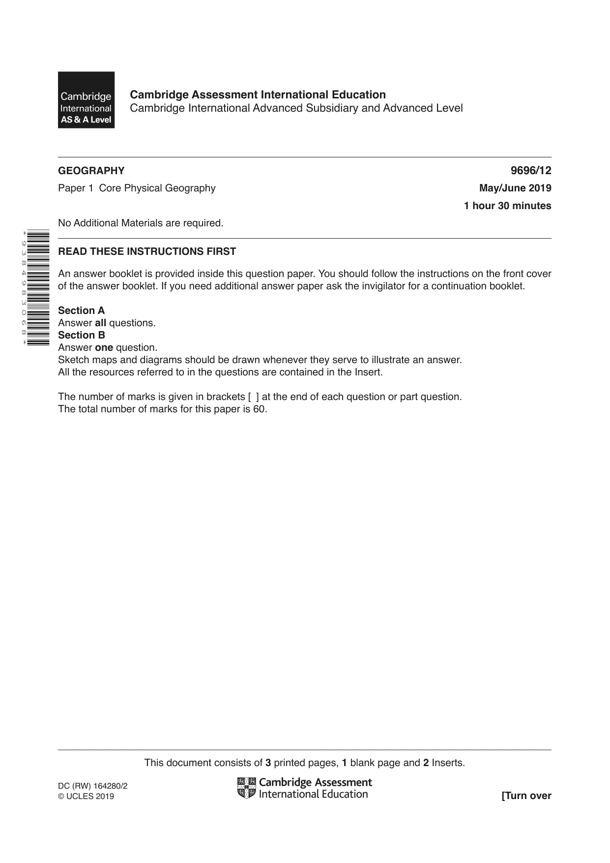 Cambridge A Level Geography 9696 2019 May/June Paper 1 · Variant 2 question paper, page 1 of 4