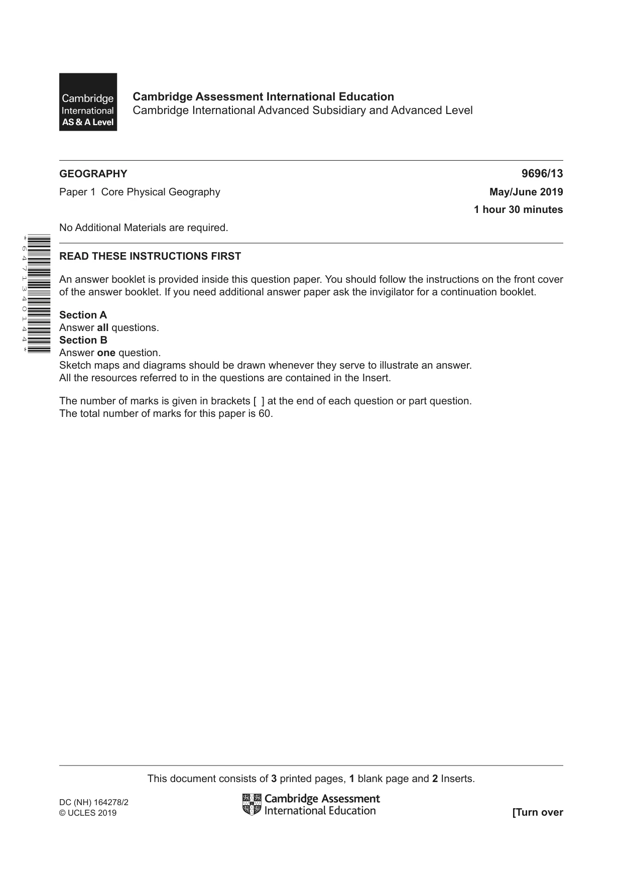 Cambridge A Level Geography 9696 2019 May/June Paper 1 · Variant 3 question paper, page 1 of 4