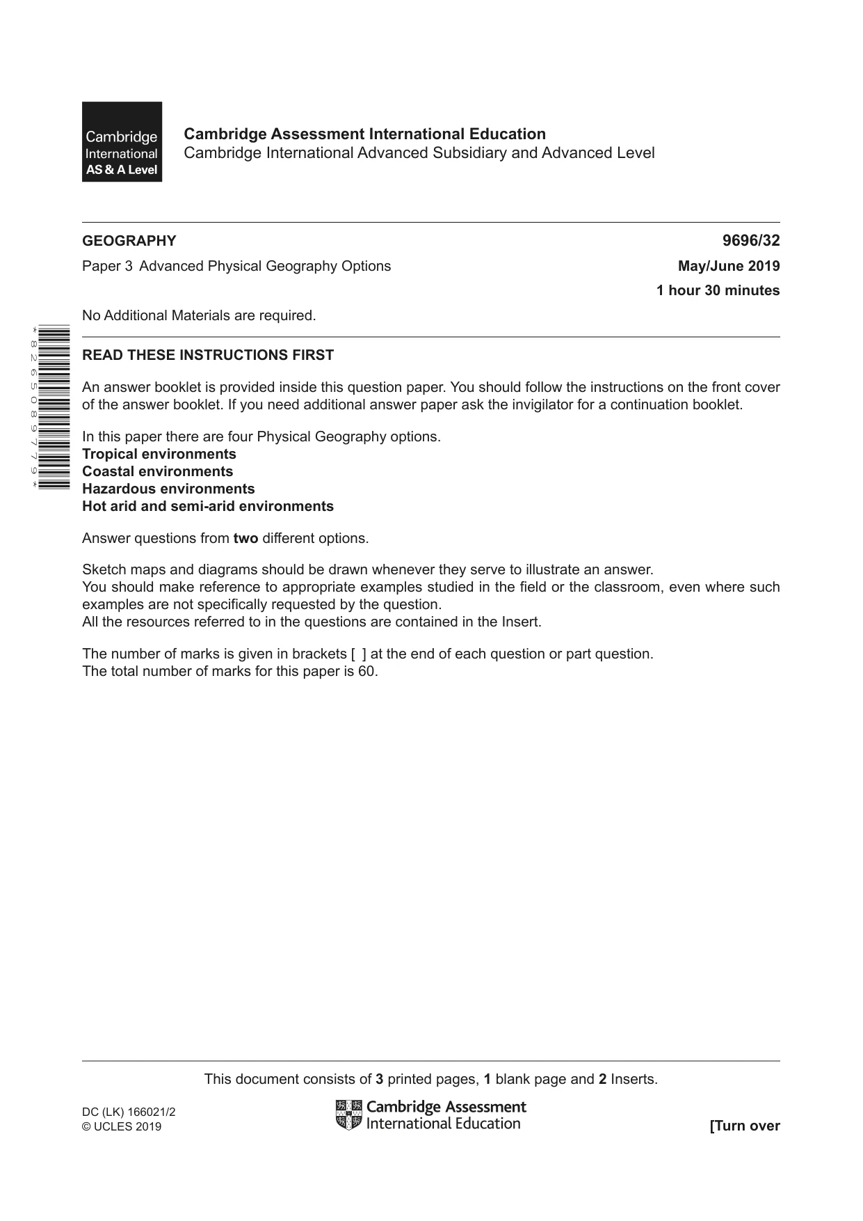 Cambridge A Level Geography 9696 2019 May/June Paper 3 · Variant 2 question paper, page 1 of 4