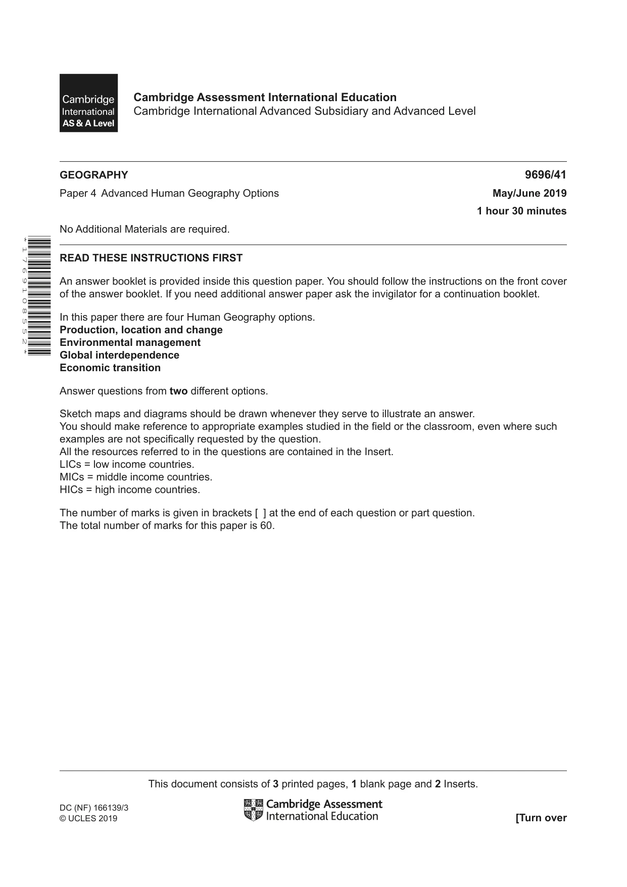 Cambridge A Level Geography 9696 2019 May/June Paper 4 · Variant 1 question paper, page 1 of 4