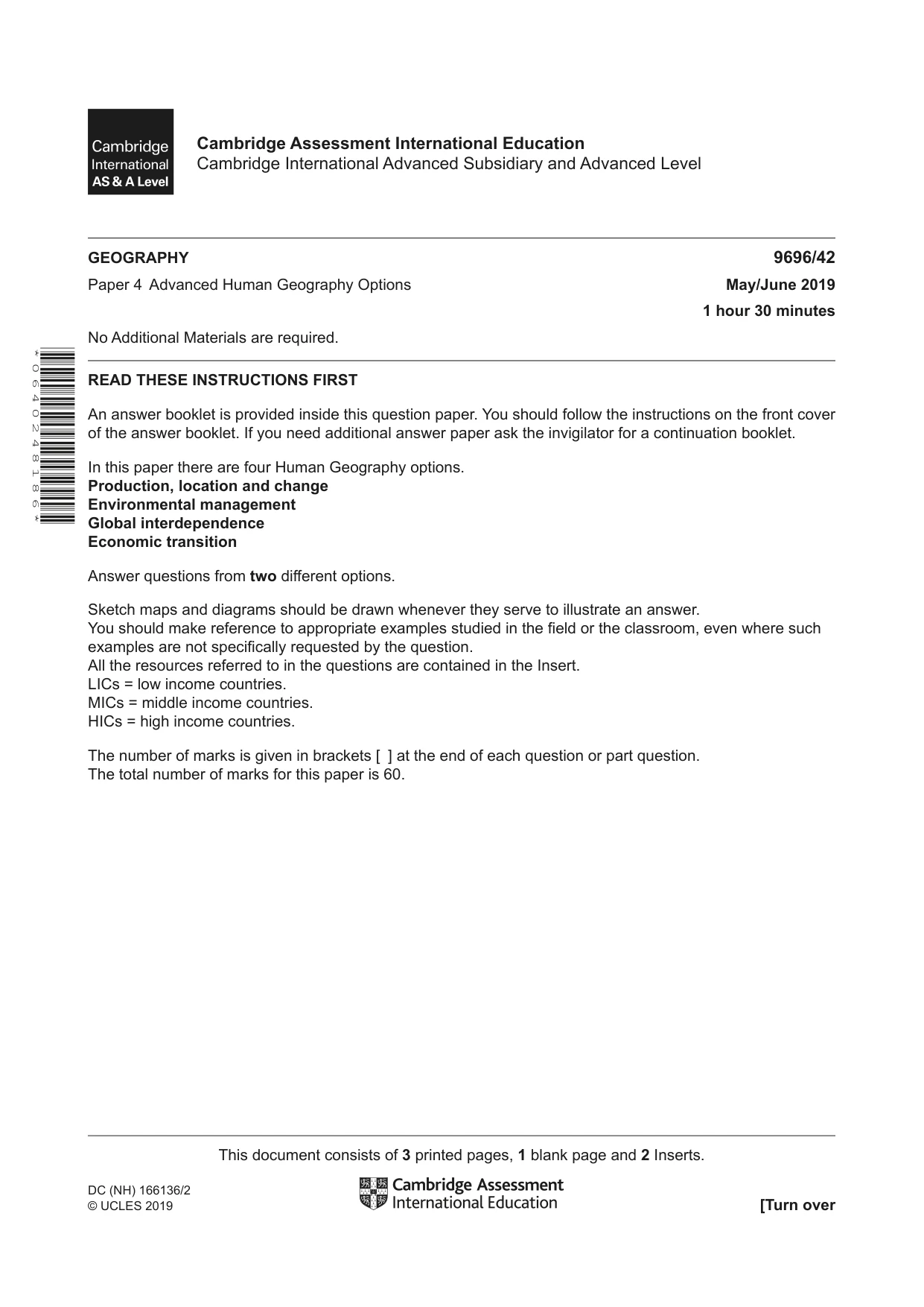 Cambridge A Level Geography 9696 2019 May/June Paper 4 · Variant 2 question paper, page 1 of 4
