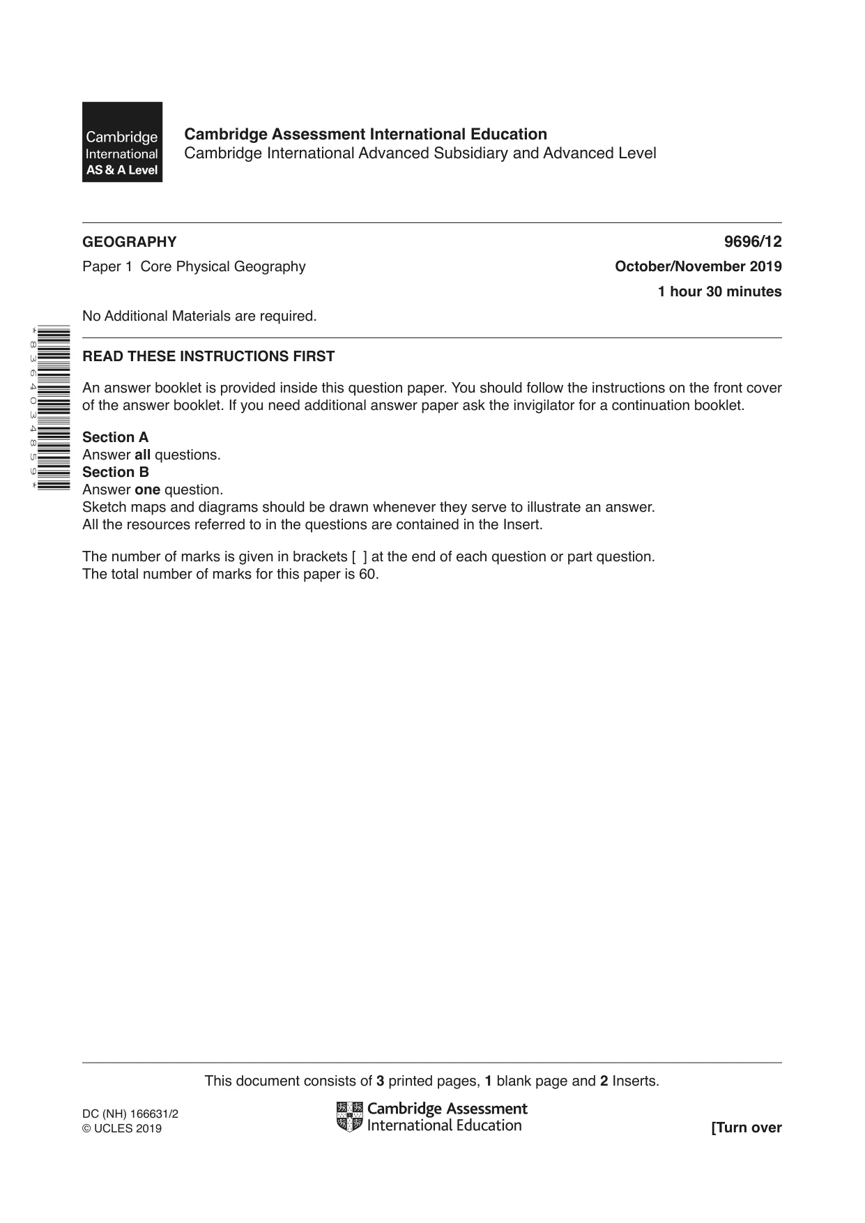 Cambridge A Level Geography 9696 2019 Oct/Nov Paper 1 · Variant 2 question paper, page 1 of 4