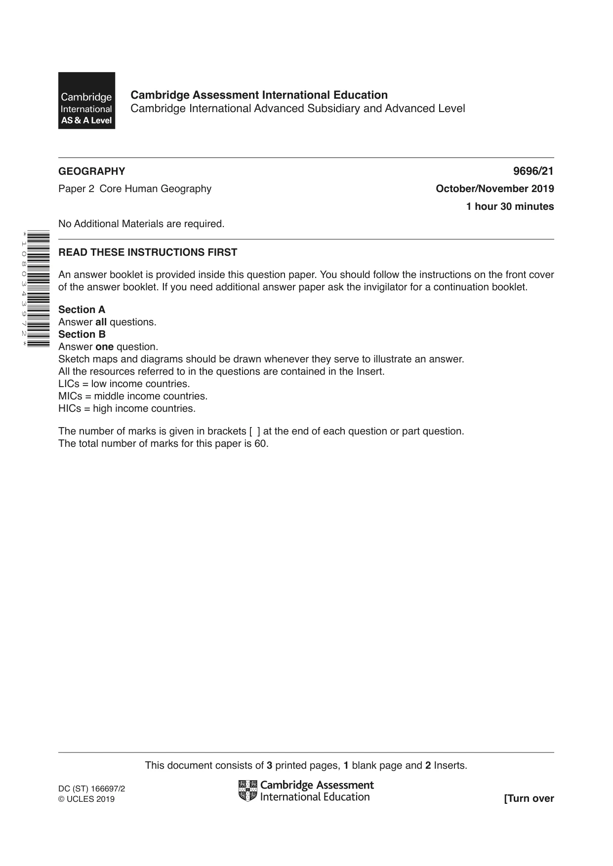 Cambridge A Level Geography 9696 2019 Oct/Nov Paper 2 · Variant 1 question paper, page 1 of 4